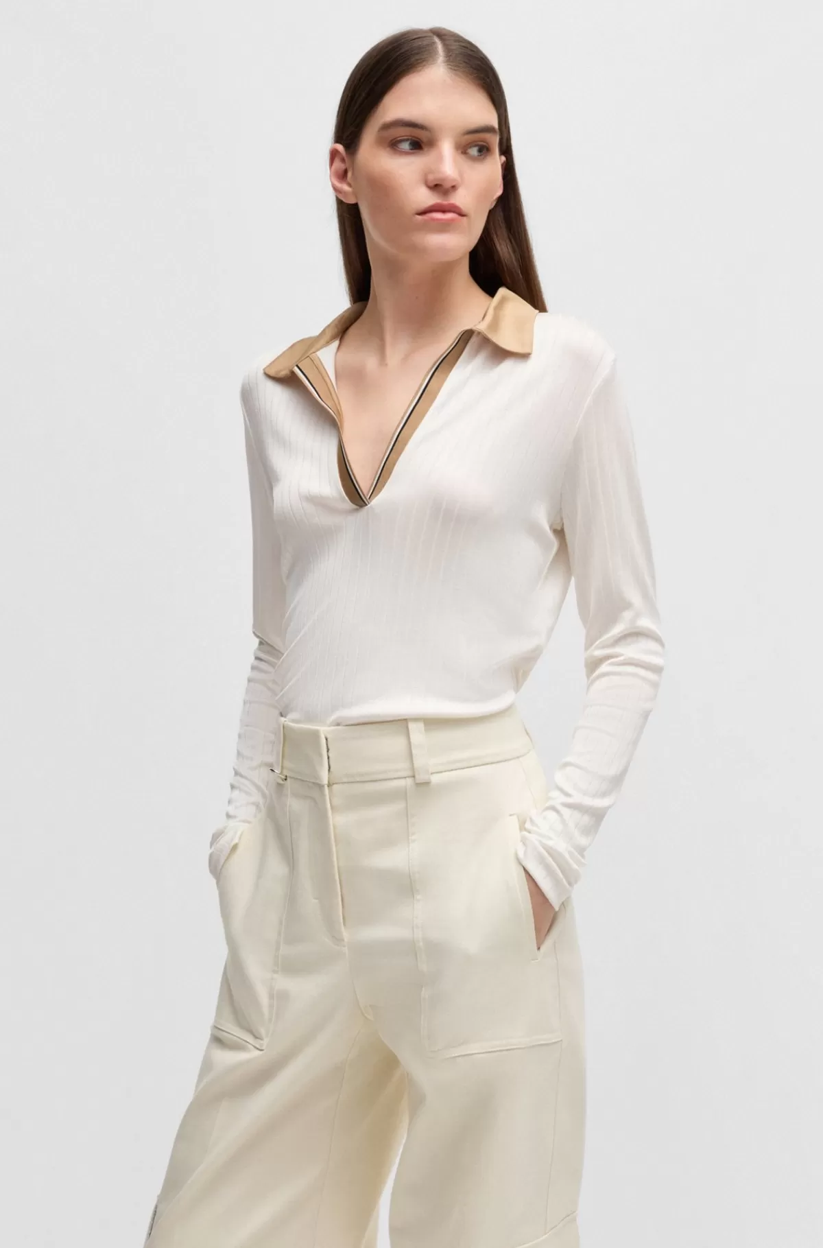 HUGO BOSS Pyjamas-T-shirt Med Lange ærmer Og Johnny-krave Samt Signaturstriber Hvid Discount