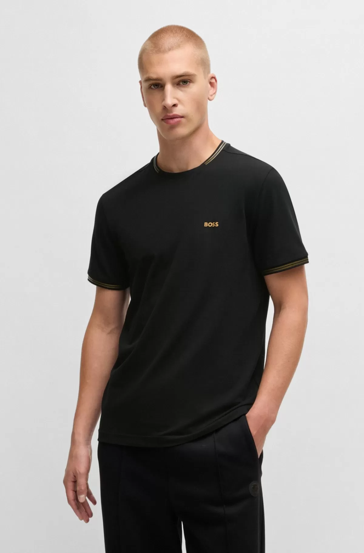 HUGO BOSS Pyjamas-T-shirt Med Striber Og Logo I Bomuld Med Stræk Sort Best Sale