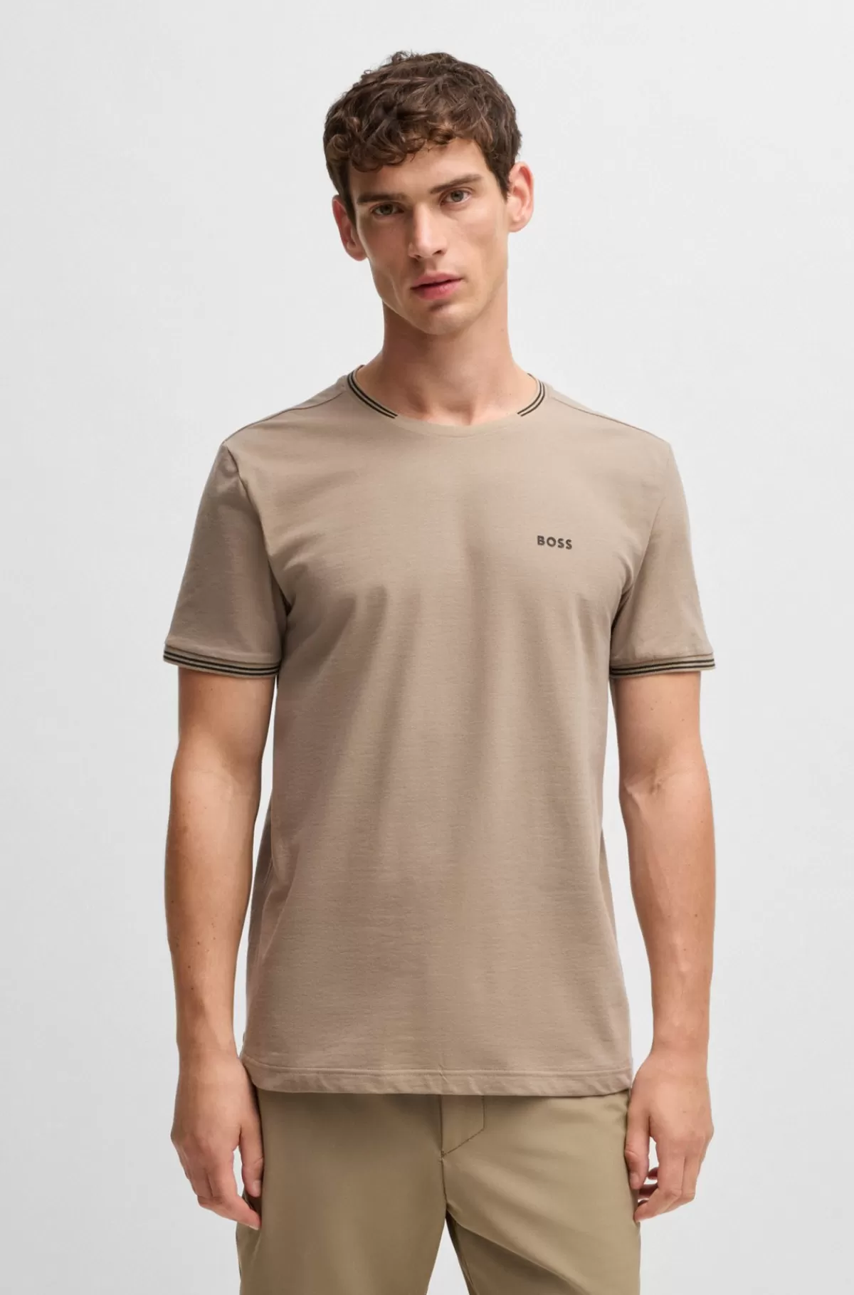HUGO BOSS Pyjamas-T-shirt Med Striber Og Logo I Bomuld Med Stræk Beige Flash Sale