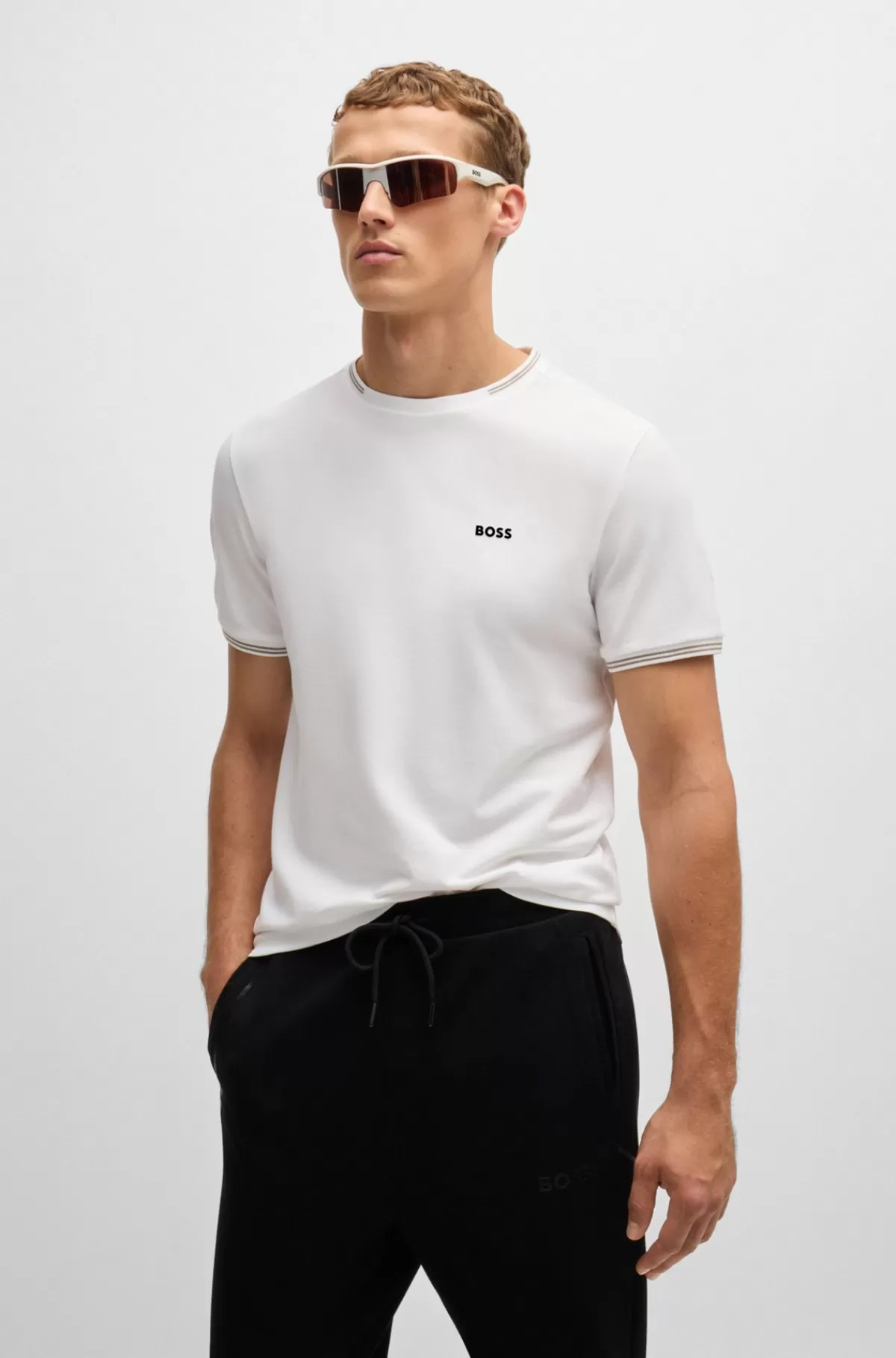 HUGO BOSS Pyjamas-T-shirt Med Striber Og Logo I Bomuld Med Stræk Hvid Online