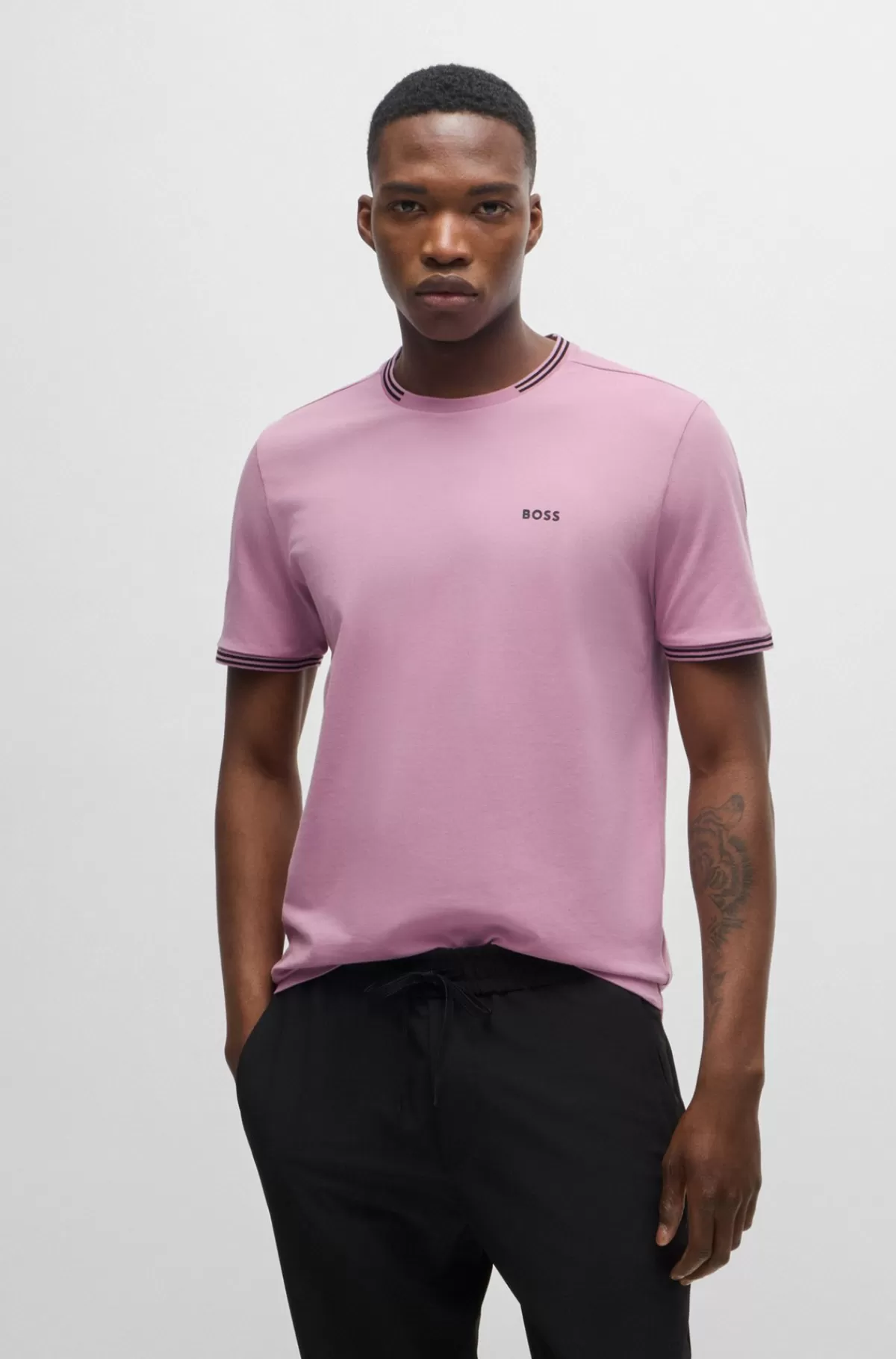 HUGO BOSS Pyjamas-T-shirt Med Striber Og Logo I Bomuld Med Stræk Lys pink Outlet