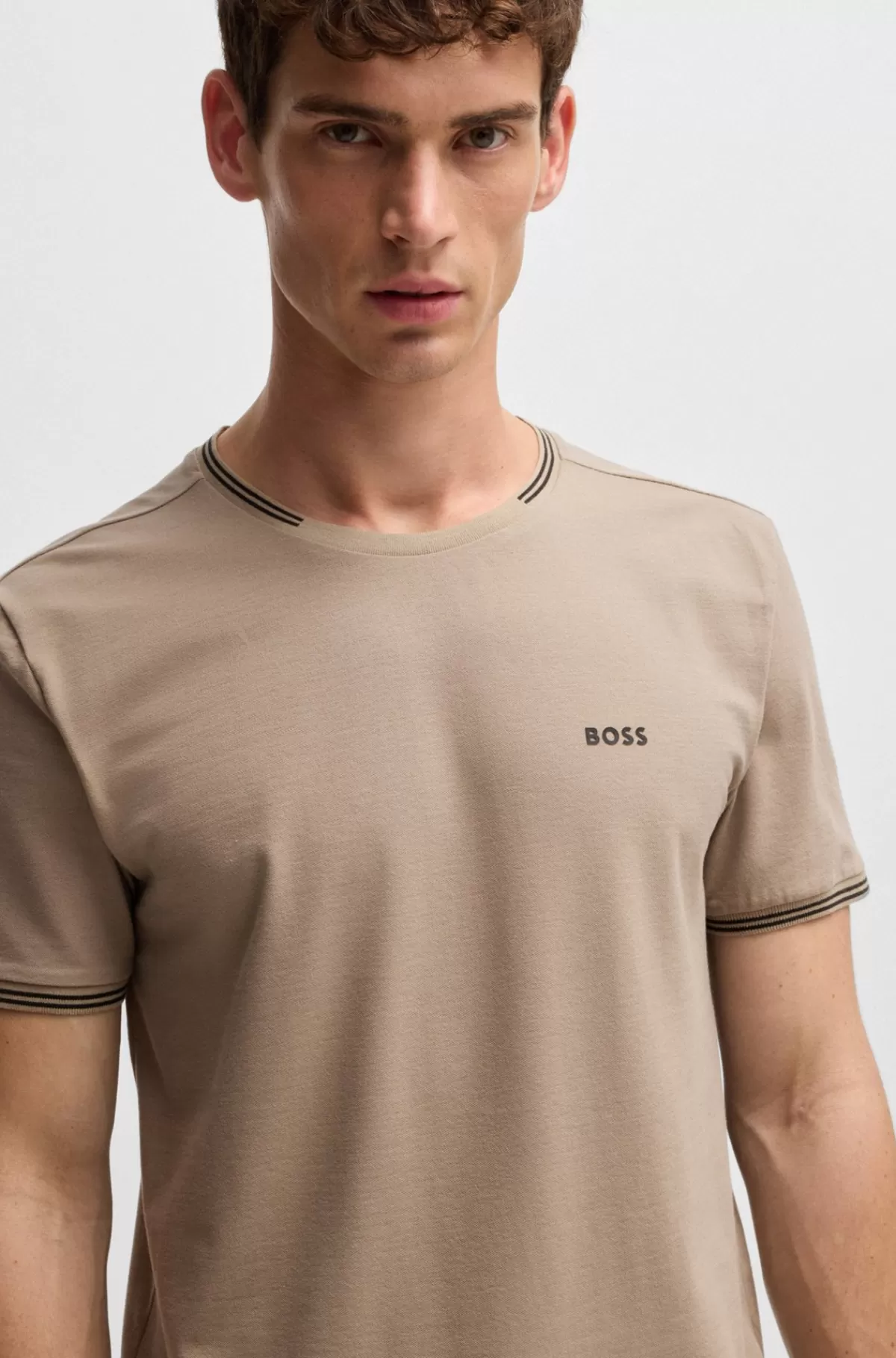 HUGO BOSS Pyjamas-T-shirt Med Striber Og Logo I Bomuld Med Stræk Beige Flash Sale