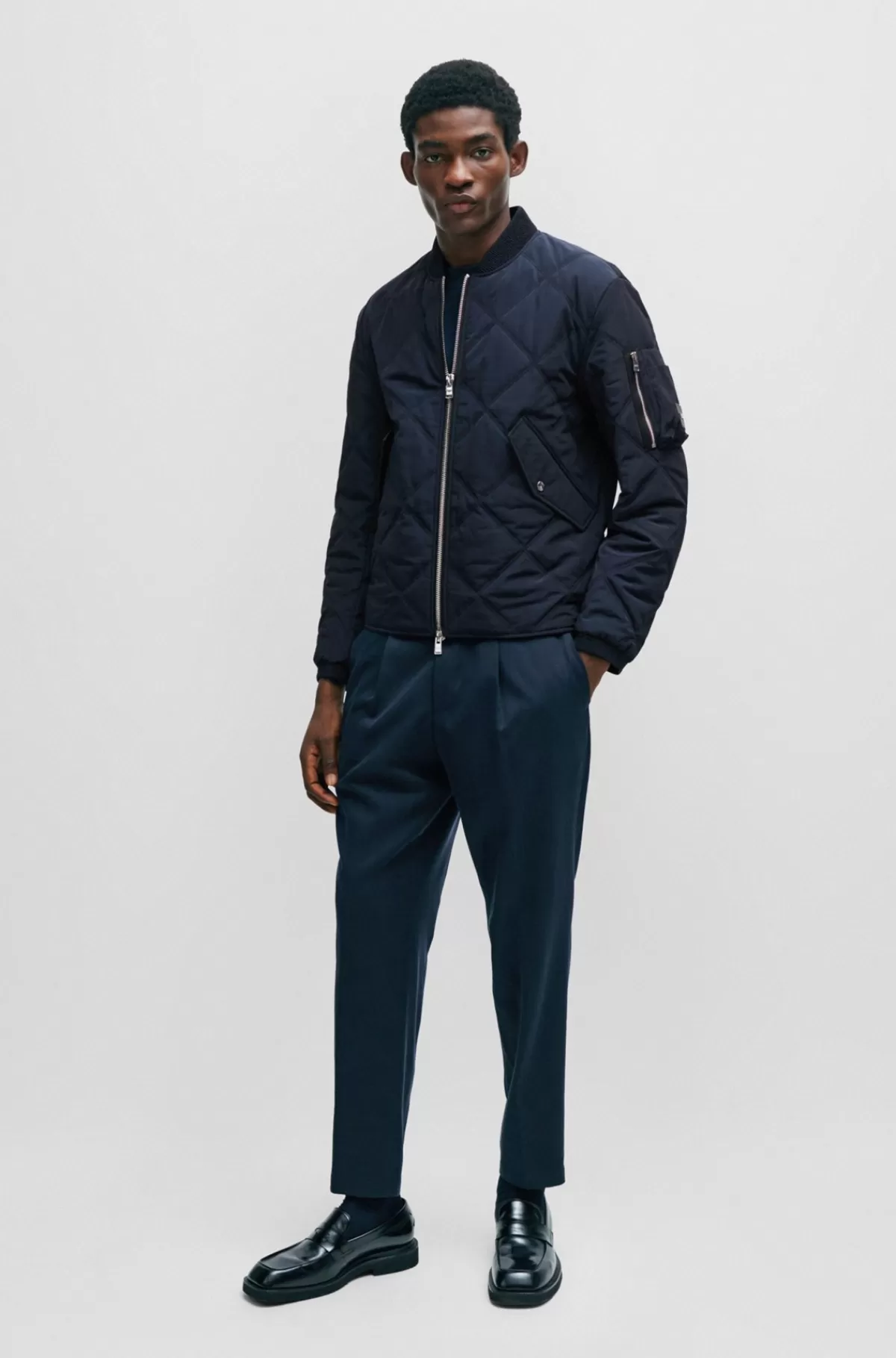 HUGO BOSS Quiltet Jakke I Regular Fit Med Brandet ærmelomme Mørkeblå Best Sale
