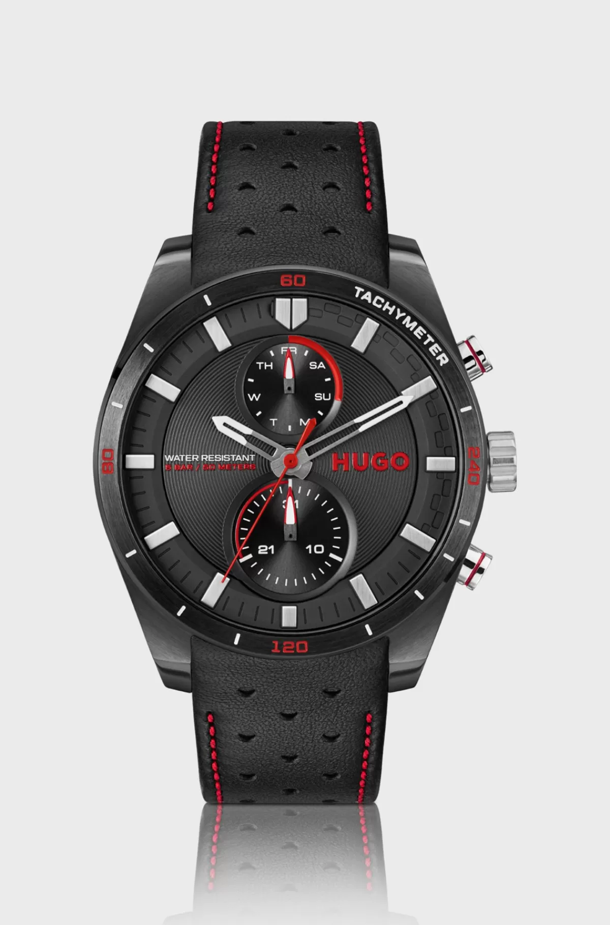 HUGO BOSS Racing-inspired Watch With Perforated Leather Strap Sort Cheap