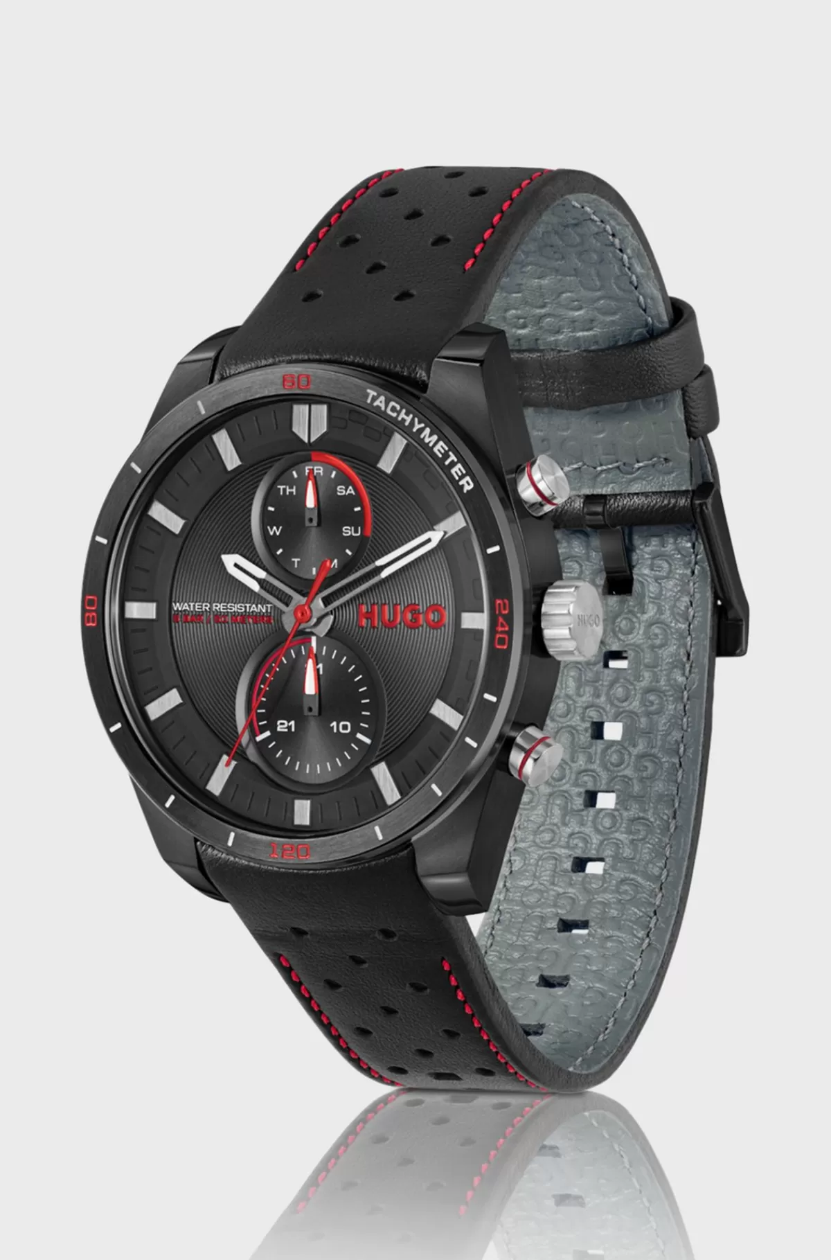 HUGO BOSS Racing-inspired Watch With Perforated Leather Strap Sort Cheap