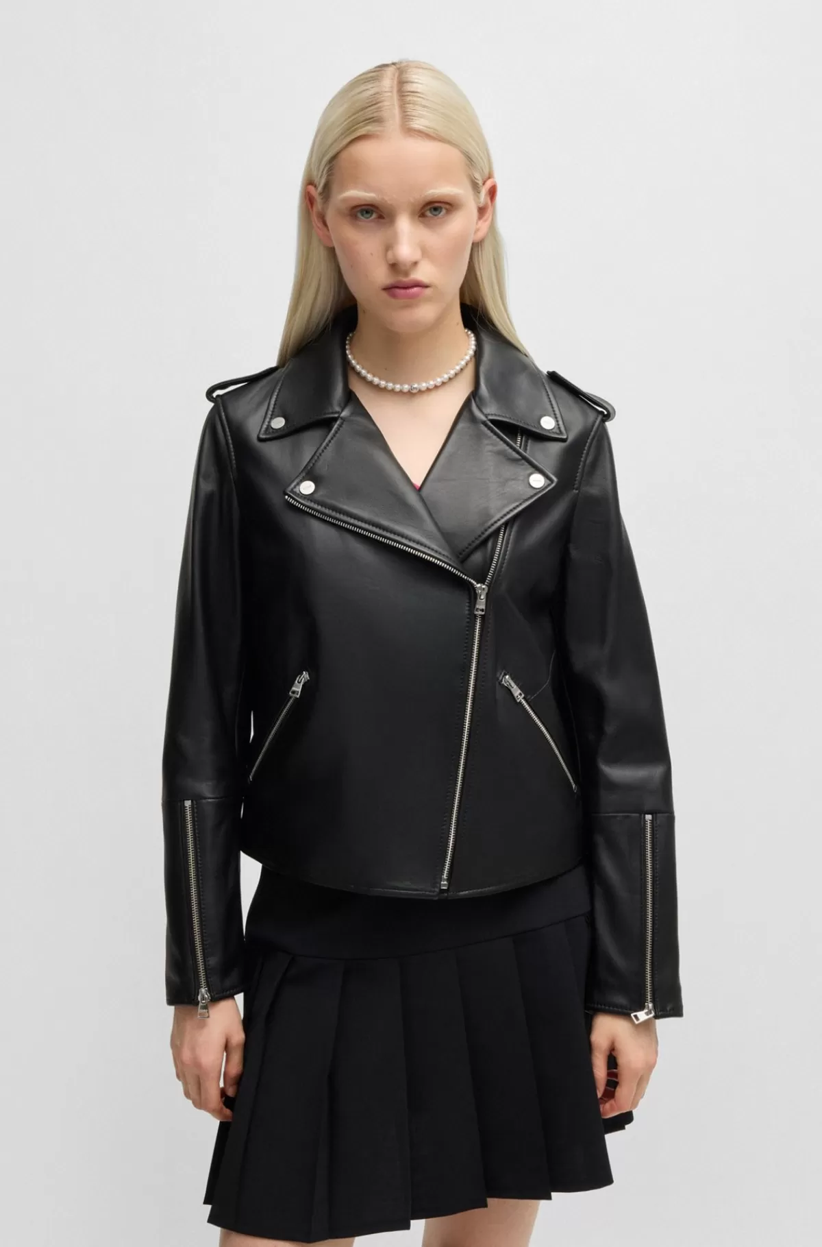 HUGO BOSS Regular Fit Bikerjakke I Læder Med Asymmetrisk Lynlås Sort Flash Sale