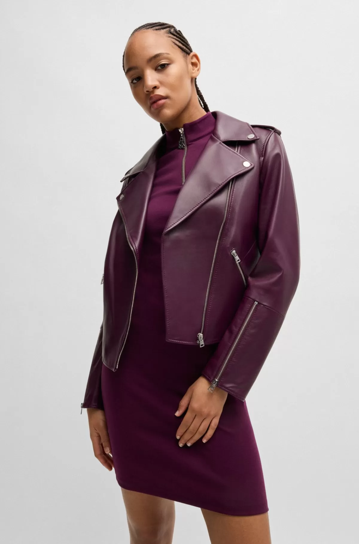 HUGO BOSS Regular Fit Bikerjakke I Læder Med Asymmetrisk Lynlås Mørkerød Discount