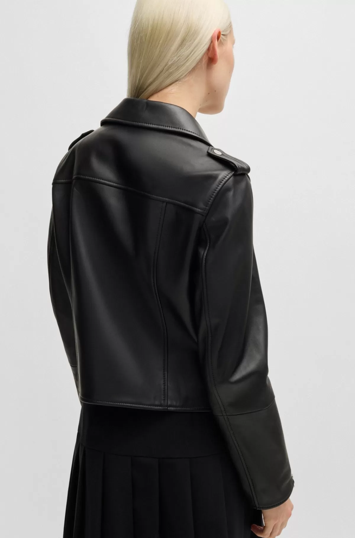 HUGO BOSS Regular Fit Bikerjakke I Læder Med Asymmetrisk Lynlås Sort Flash Sale