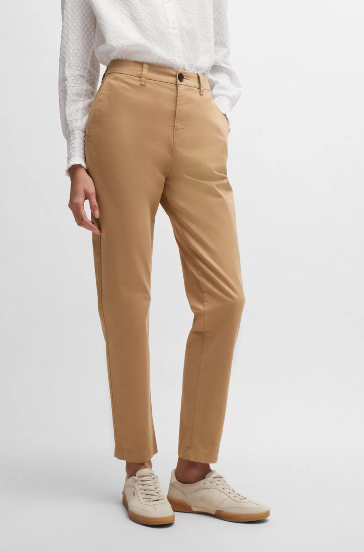 HUGO BOSS Regular Fit Bukser I Bomuldssatin Med Stræk Beige Best Sale