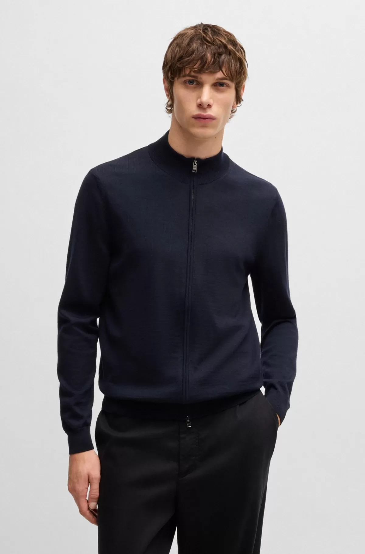 HUGO BOSS Regular Fit Cardigan I Ny Uld Mørkeblå Sale