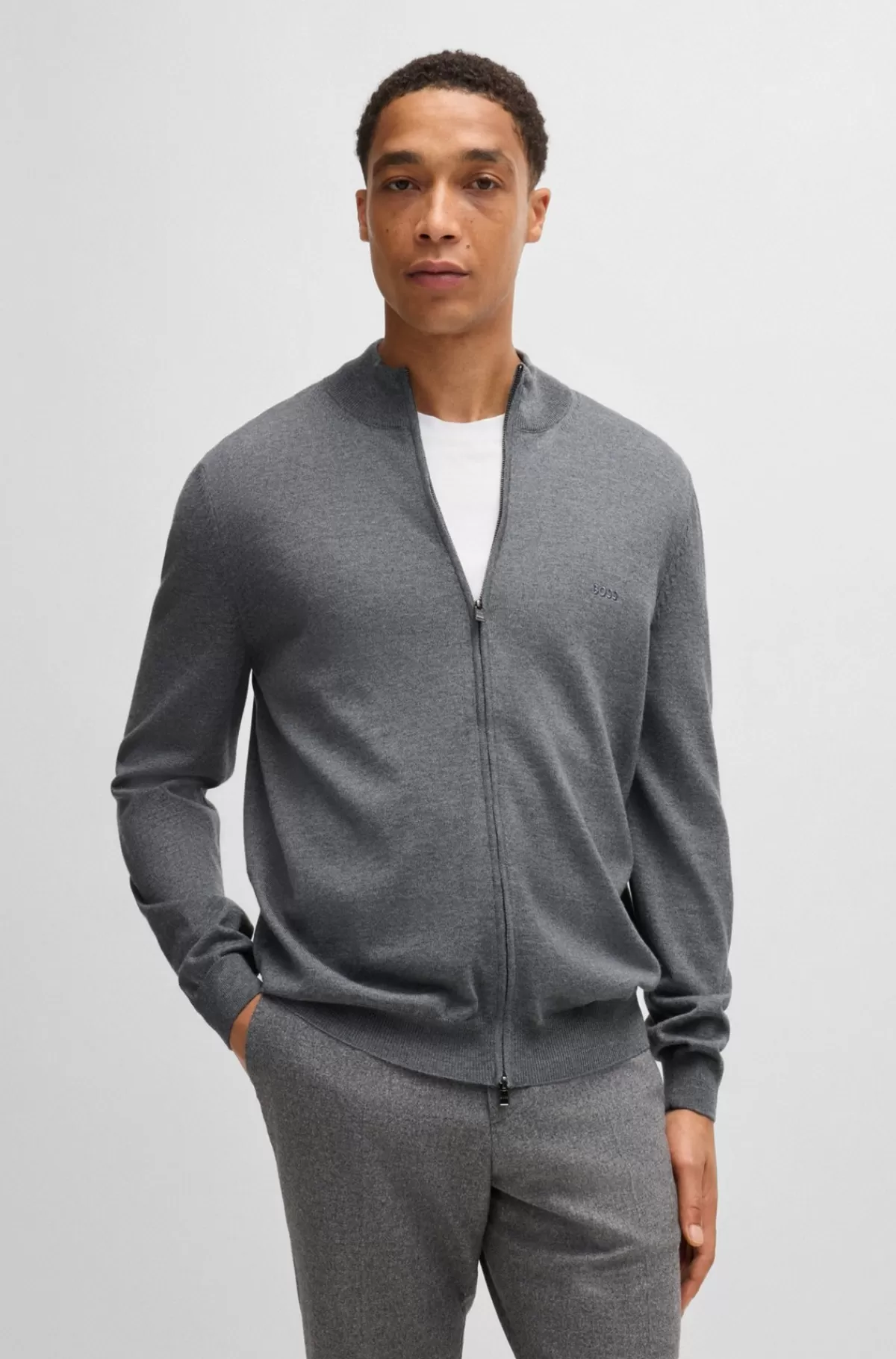 HUGO BOSS Regular Fit Cardigan I Ny Uld Med Broderet Logo Grå Discount