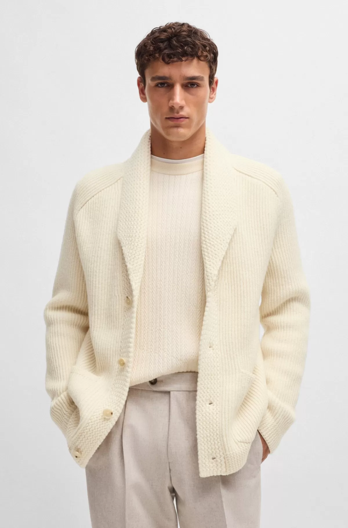 HUGO BOSS Regular Fit Cardigan I Uld, Kashmir Og Silke Naturlig Hot
