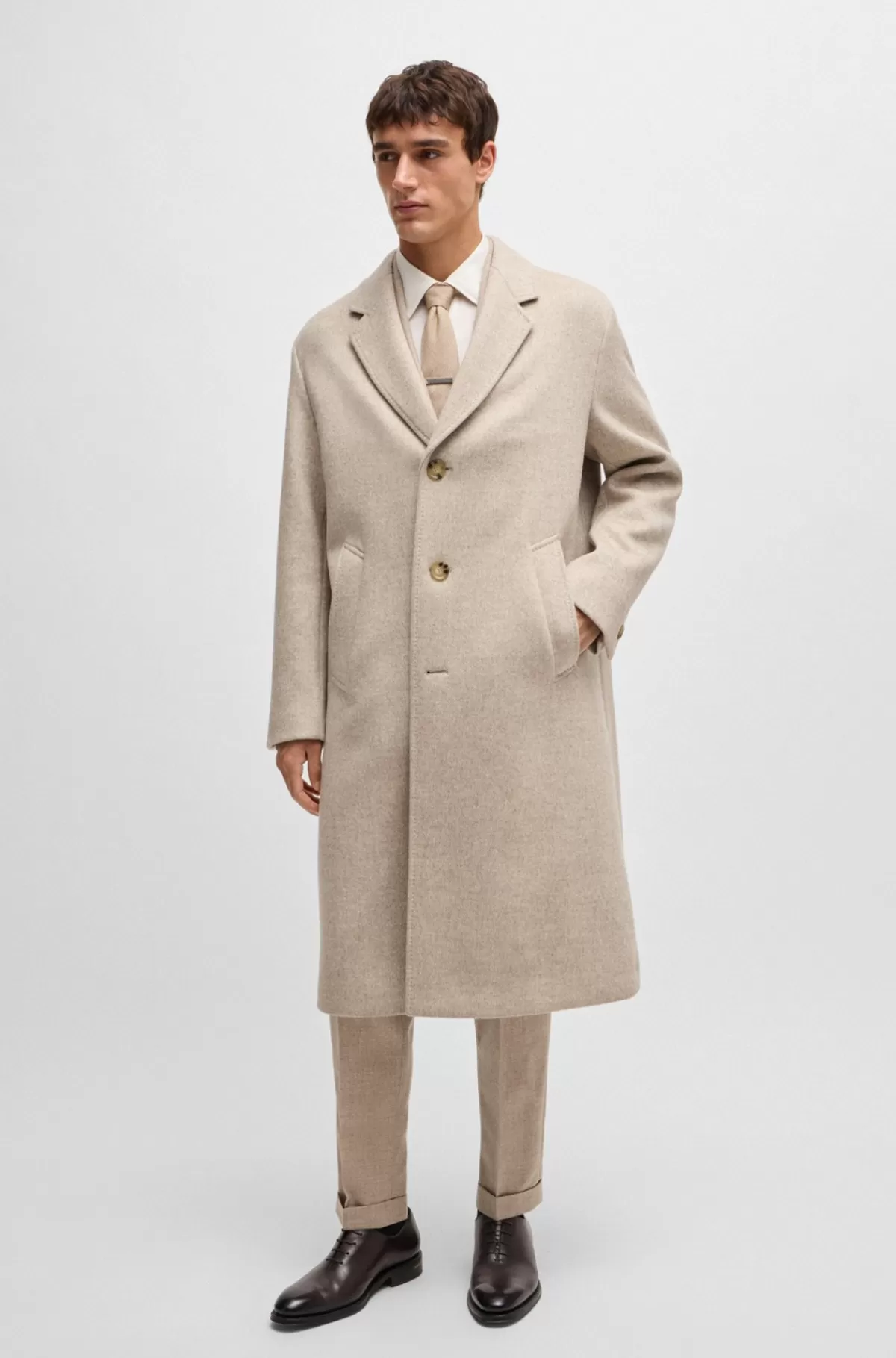 HUGO BOSS Regular Fit Frakke I En Uldblanding Med Kashmir Lys beige Discount