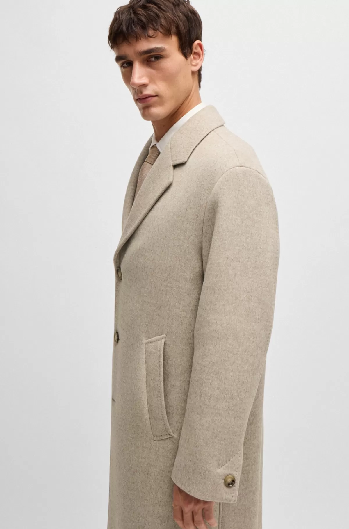 HUGO BOSS Regular Fit Frakke I En Uldblanding Med Kashmir Lys beige Discount