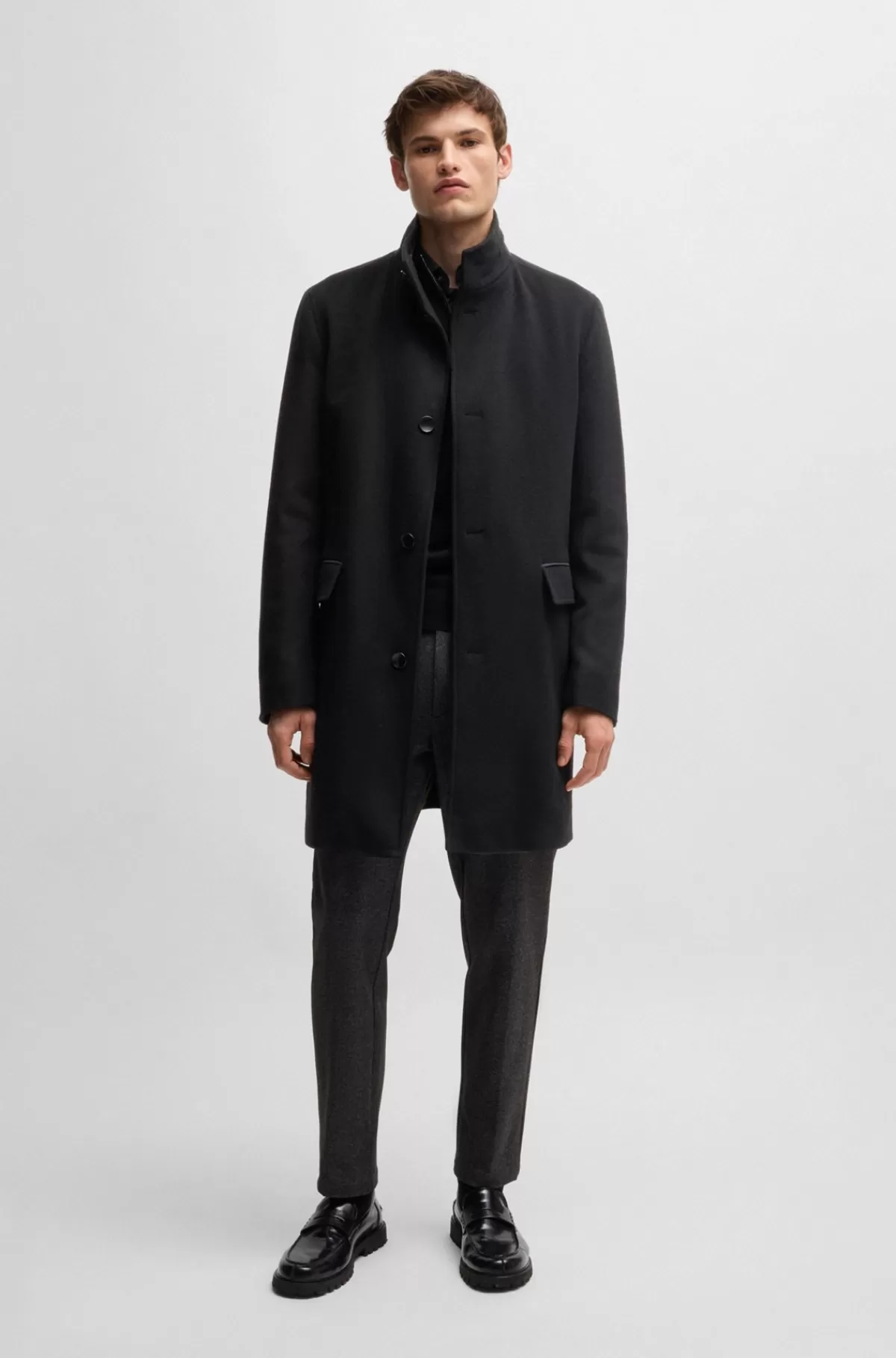 HUGO BOSS Regular Fit Frakke I Ny Uld Og Kashmir Sort Cheap