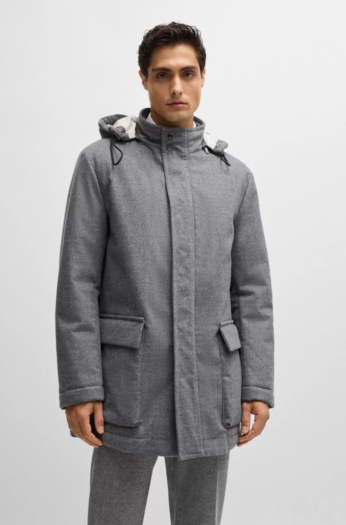 HUGO BOSS Regular Fit Frakke I Vandskyende Flannel Med Stræk Grå Hot