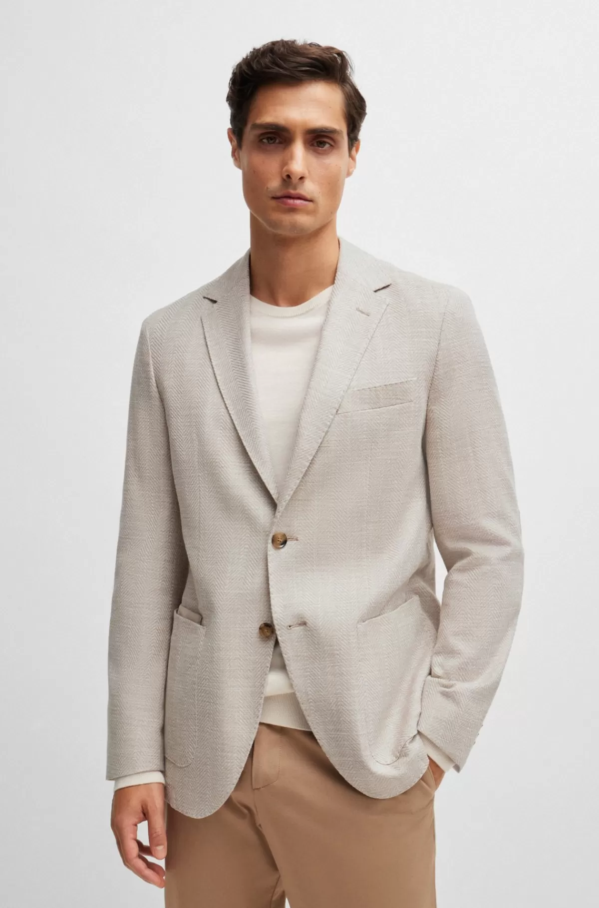 HUGO BOSS Regular Fit Jakke I Bomuldsblanding Med Stræk Og Sildebensstruktur Lys beige Cheap