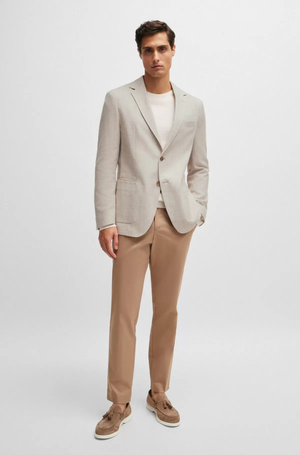 HUGO BOSS Regular Fit Jakke I Bomuldsblanding Med Stræk Og Sildebensstruktur Lys beige Cheap