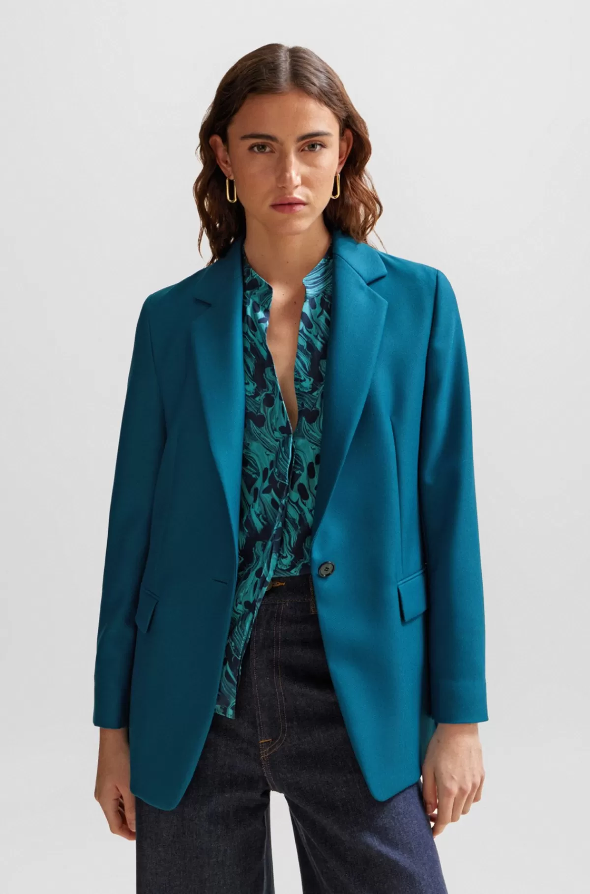 HUGO BOSS Regular Fit Jakke I En Kraftig Blanding Af Twill Og Uld Petroleumsblå New