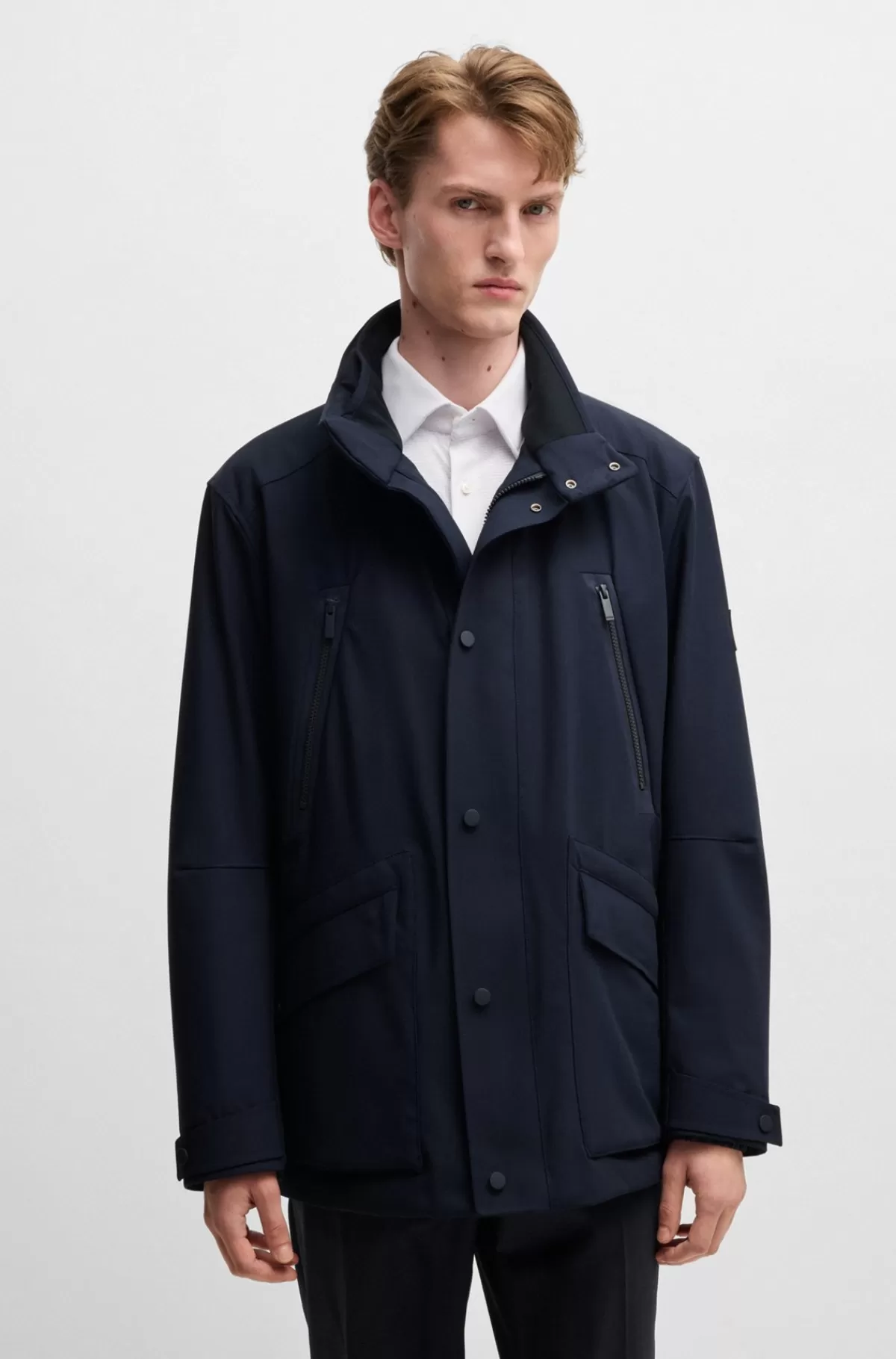 HUGO BOSS Regular Fit Jakke I Et Vandtæt Lamineret Stof Mørkeblå Hot