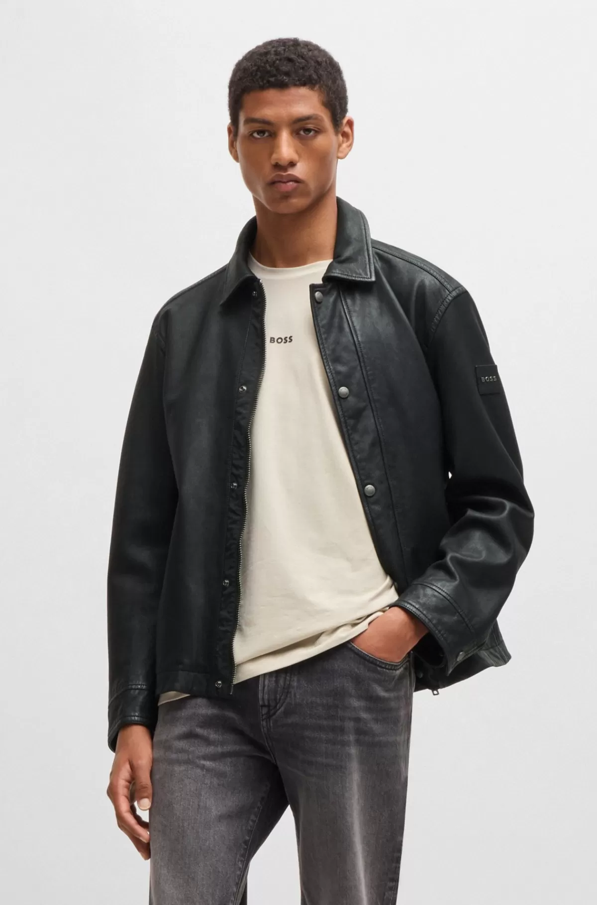 HUGO BOSS Regular Fit Jakke I Læder Sort Cheap