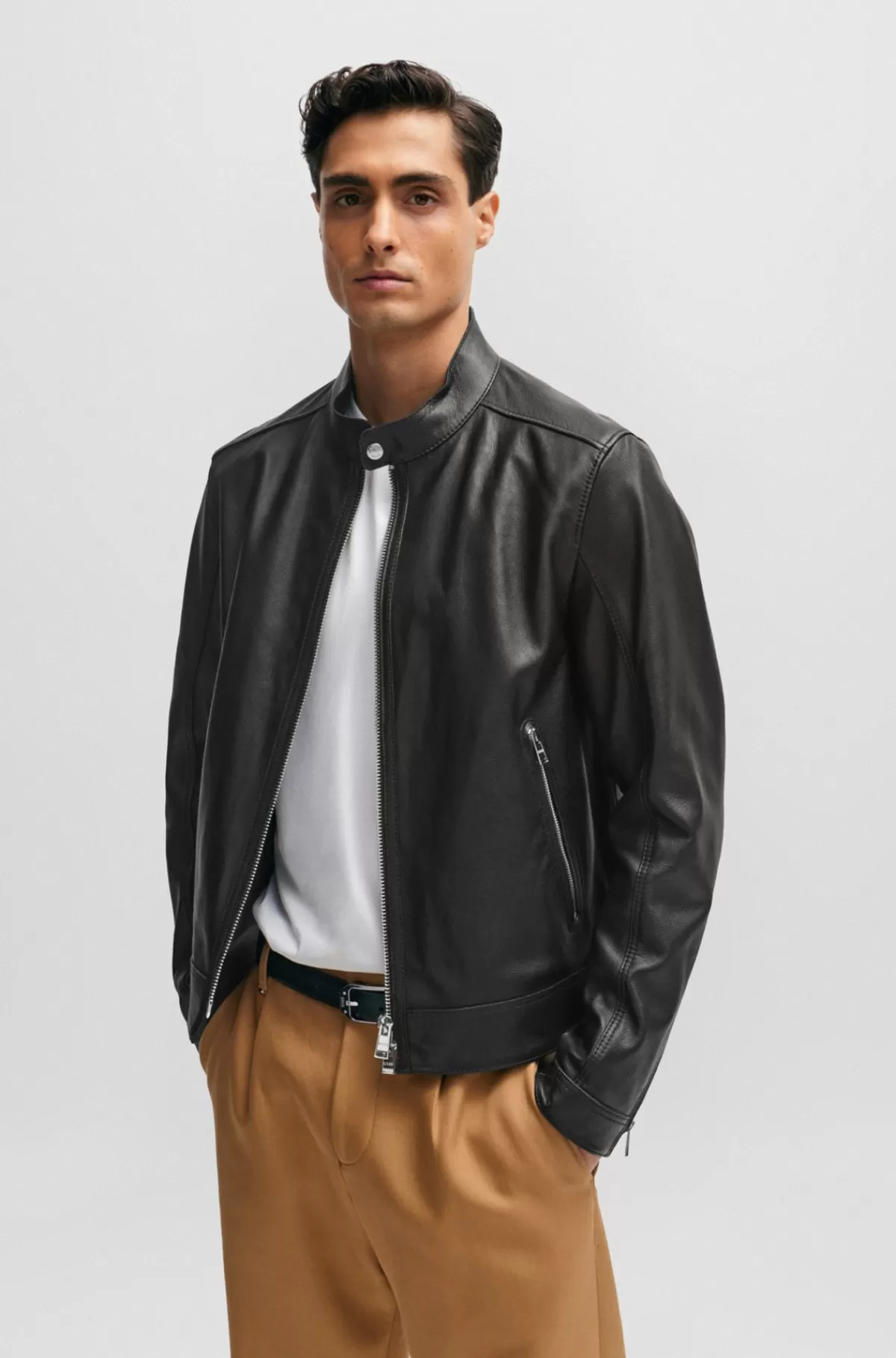 HUGO BOSS Regular Fit Jakke I Læder Med Struktur Sort Online