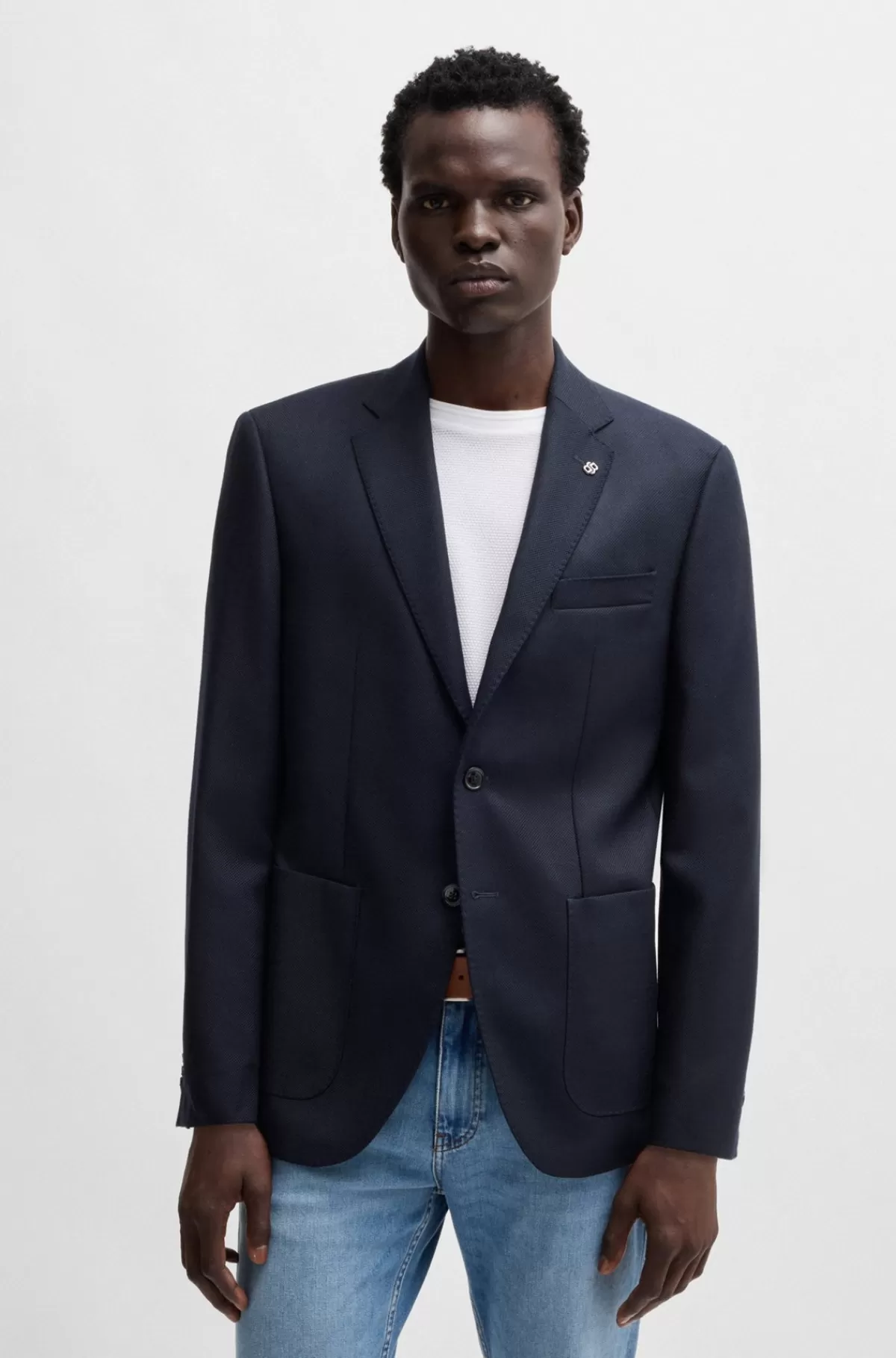 HUGO BOSS Regular Fit Jakke I Ny Uld Med Stræk Og Mikromønster Mørkeblå Discount