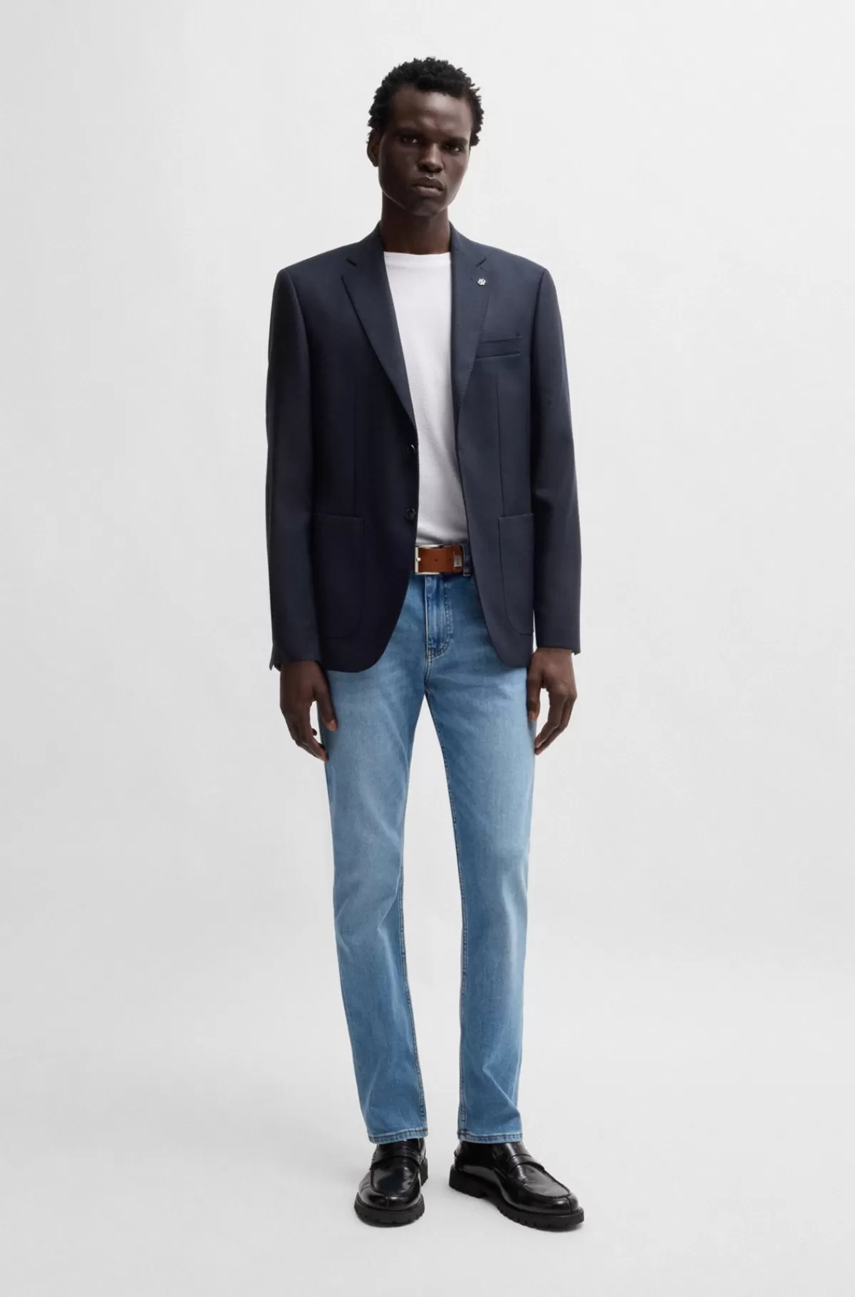 HUGO BOSS Regular Fit Jakke I Ny Uld Med Stræk Og Mikromønster Mørkeblå Discount