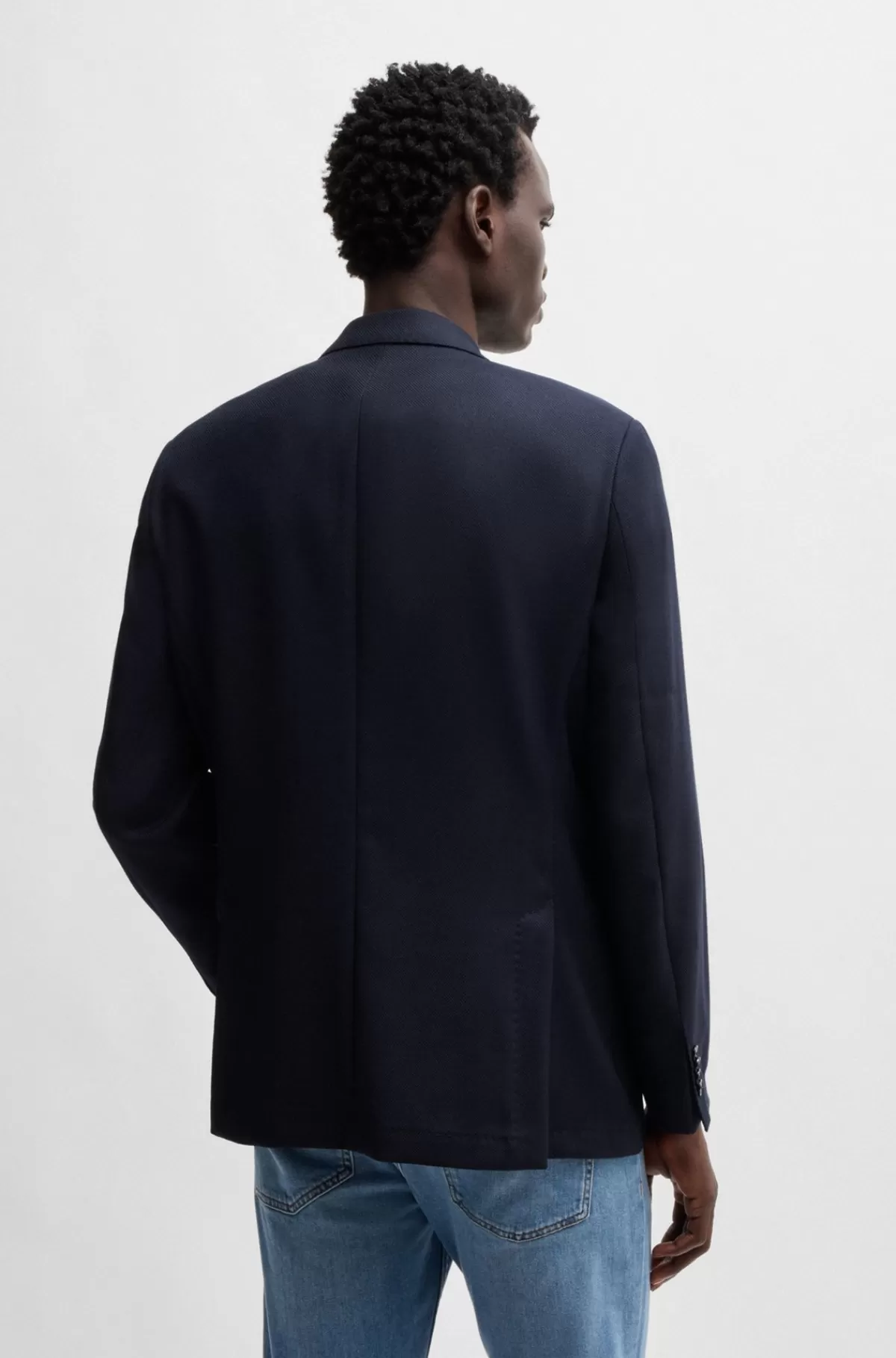 HUGO BOSS Regular Fit Jakke I Ny Uld Med Stræk Og Mikromønster Mørkeblå Discount