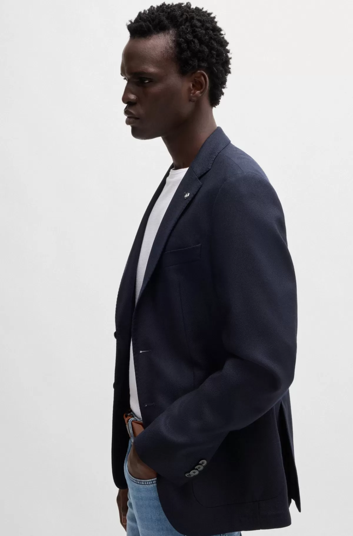 HUGO BOSS Regular Fit Jakke I Ny Uld Med Stræk Og Mikromønster Mørkeblå Discount