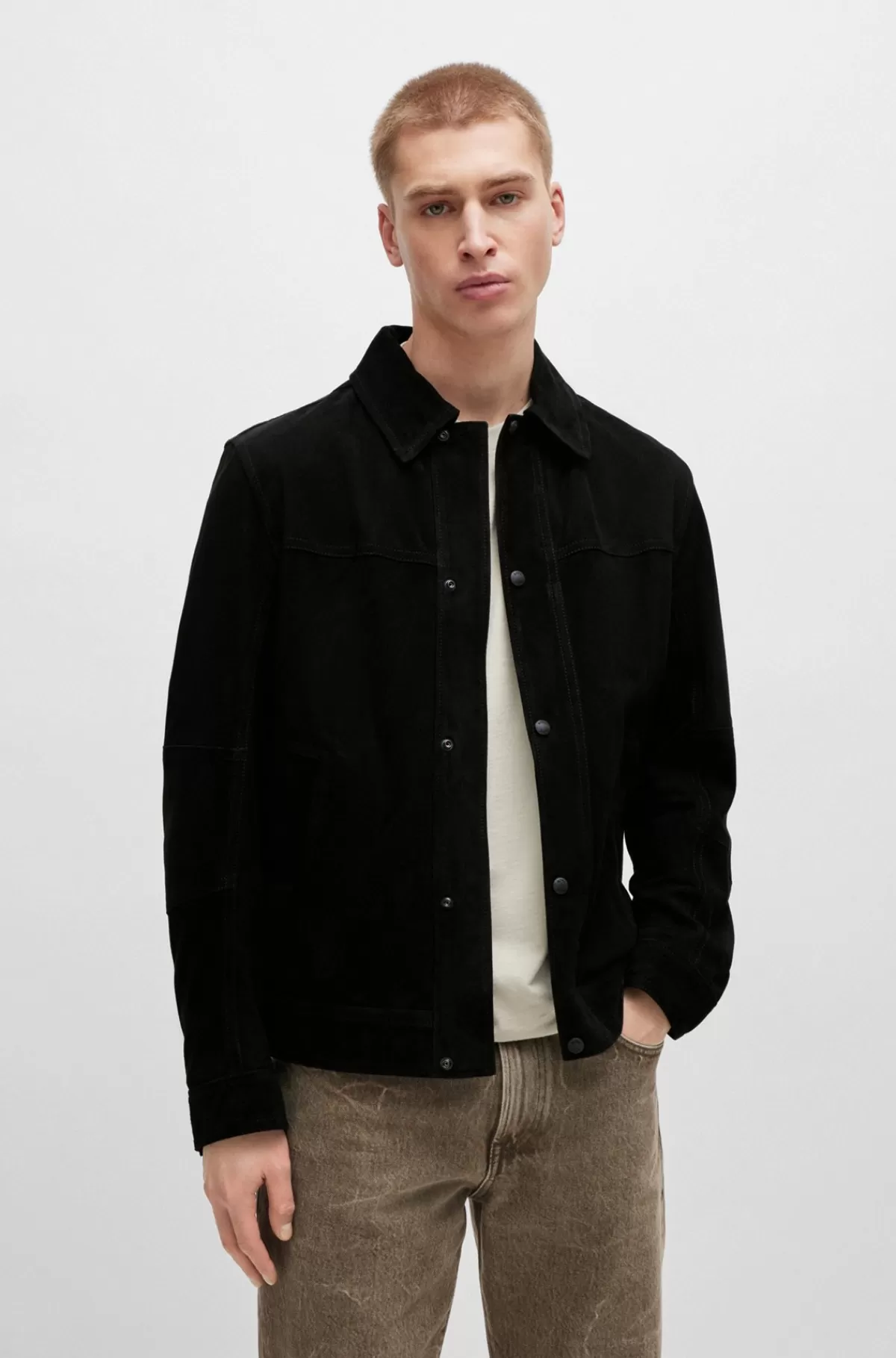 HUGO BOSS Regular Fit Jakke I Ruskind Med Nappalan-bagside Sort New