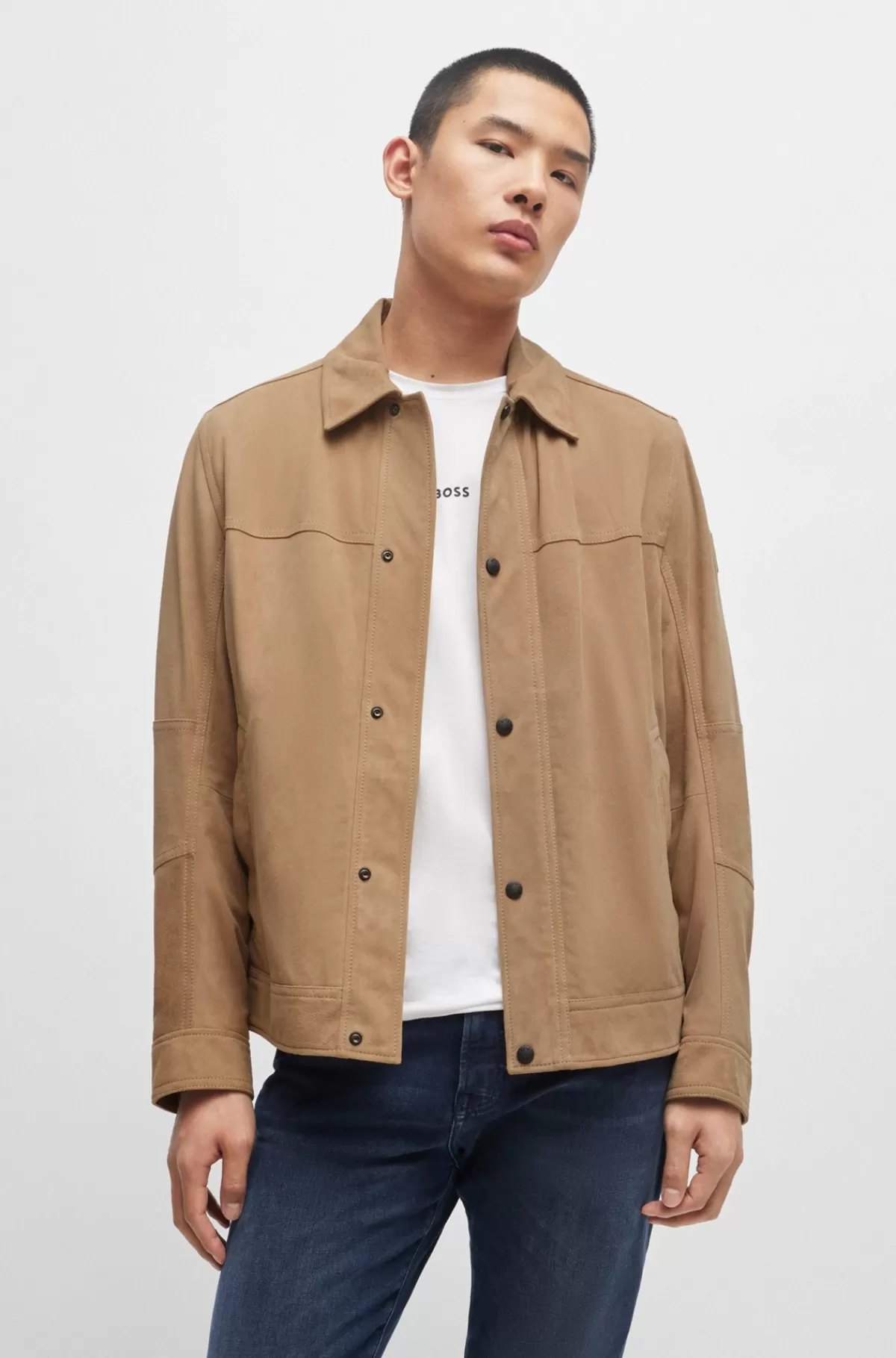 HUGO BOSS Regular Fit Jakke I Ruskind Med Nappalan-bagside Beige Shop