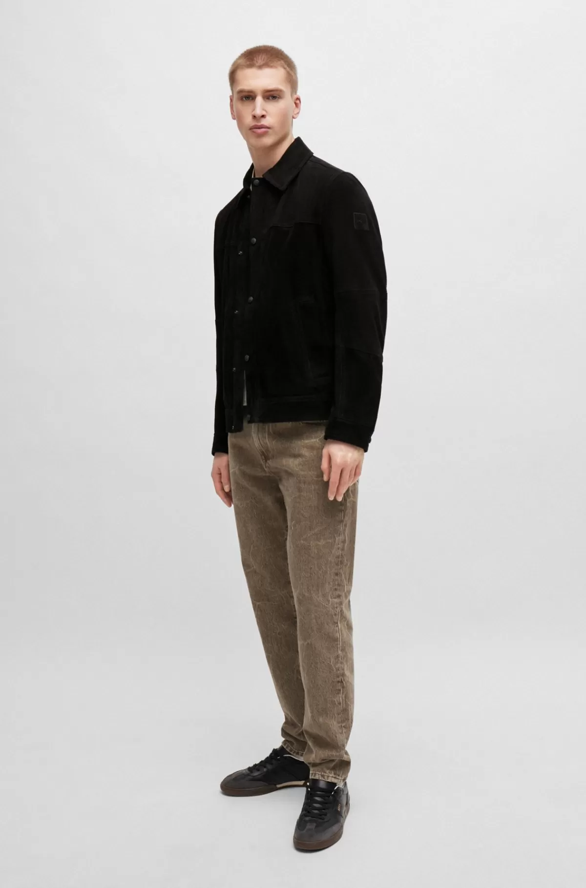 HUGO BOSS Regular Fit Jakke I Ruskind Med Nappalan-bagside Sort New