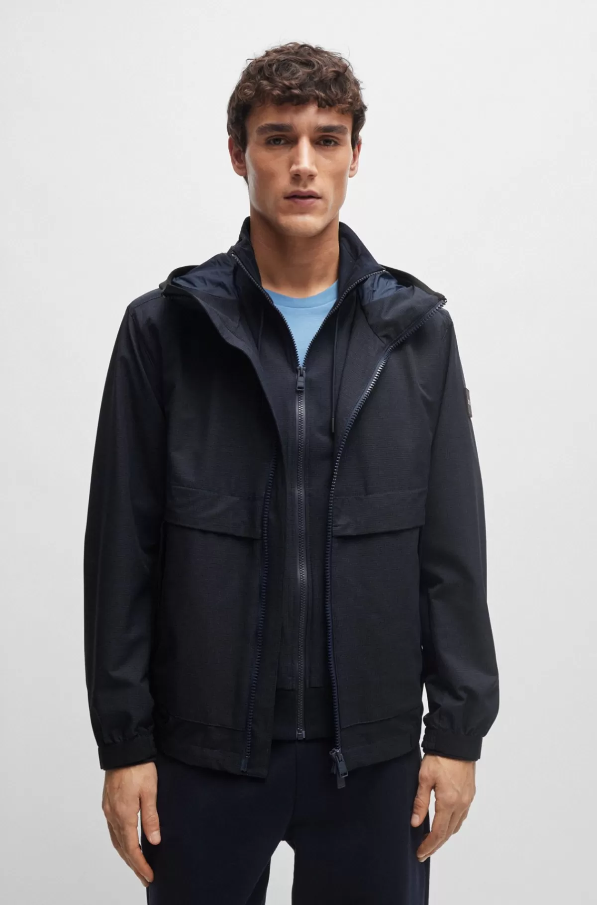 HUGO BOSS Regular Fit Jakke Med Hætte I Air-mesh Med Stræk Mørkeblå Outlet