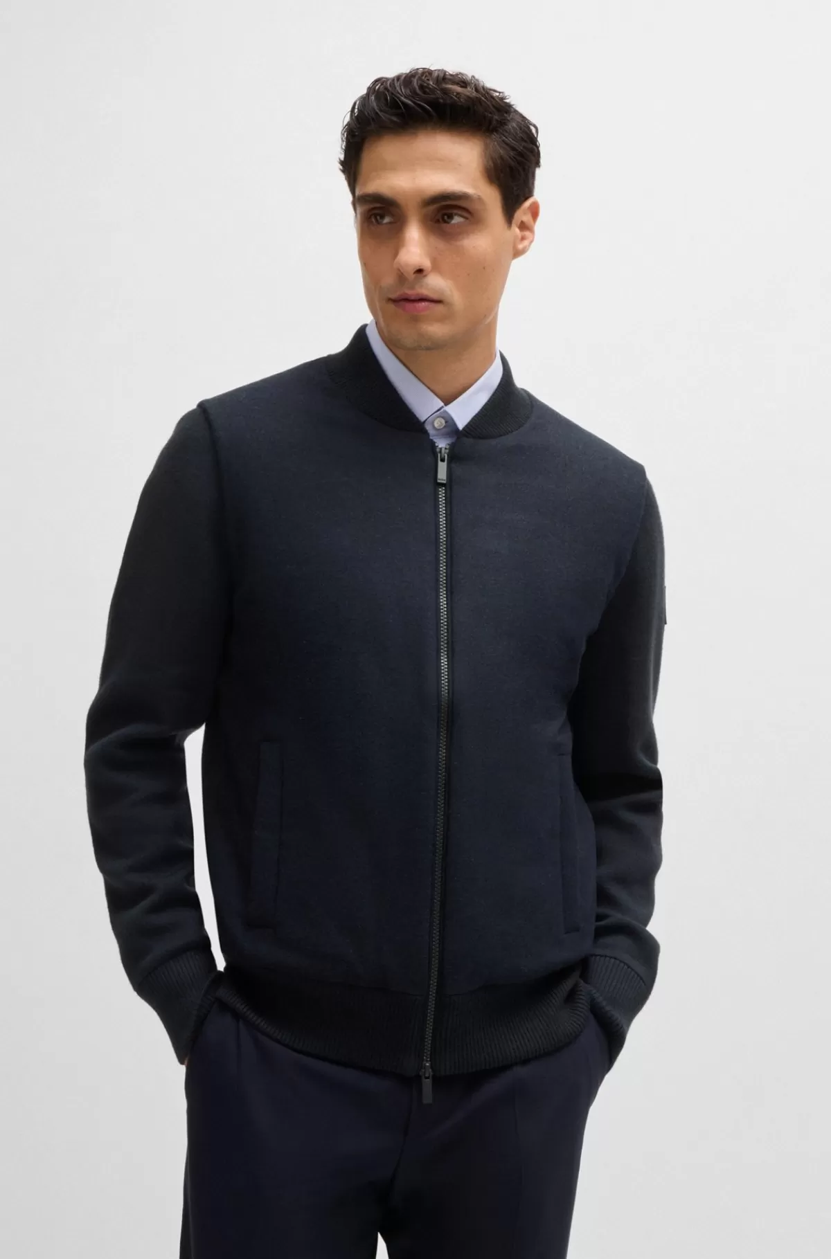 HUGO BOSS Regular Fit Jakke Med Lynlås Og Vatteret Panel Foran Mørkeblå Sale