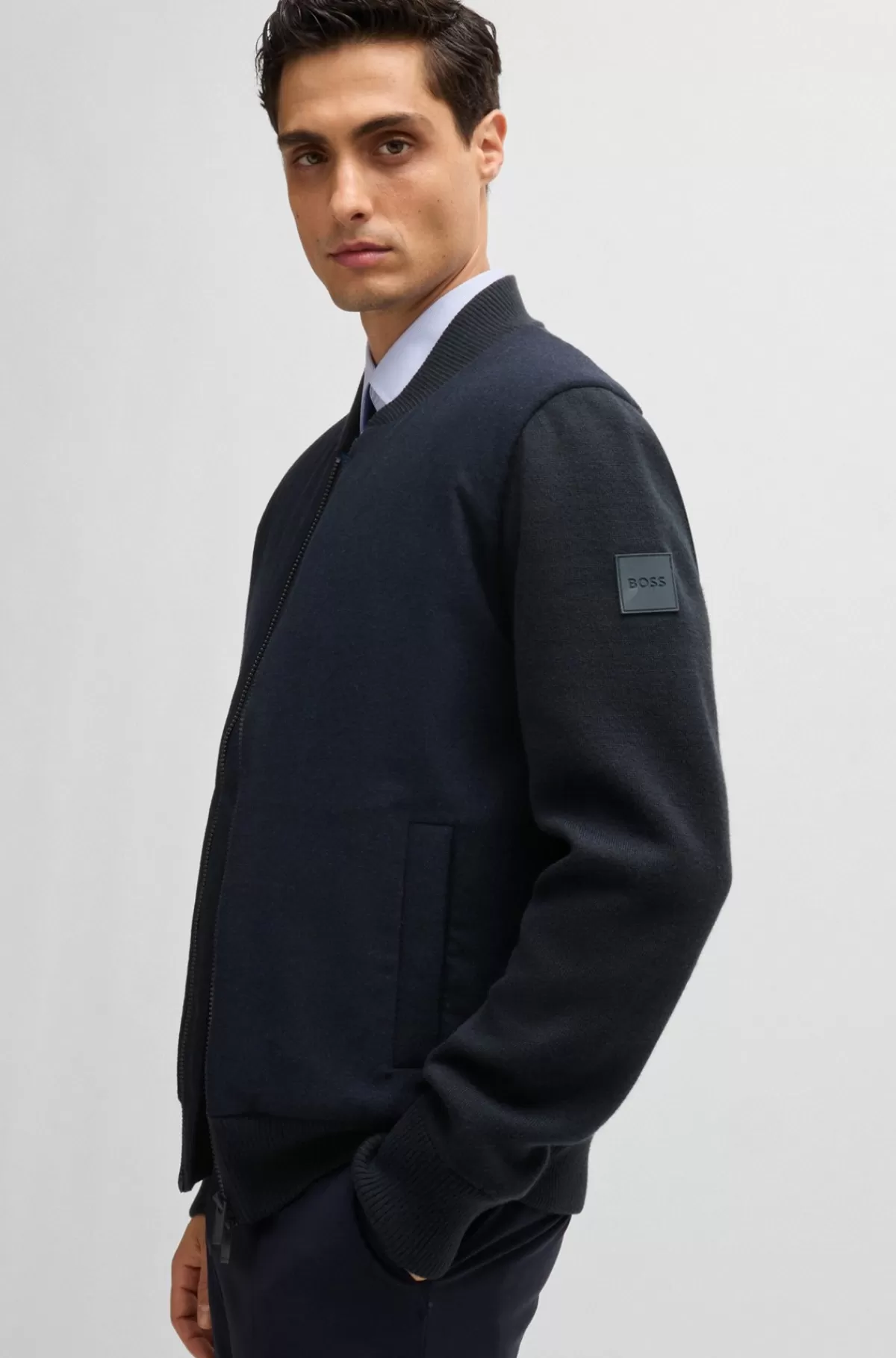HUGO BOSS Regular Fit Jakke Med Lynlås Og Vatteret Panel Foran Mørkeblå Sale