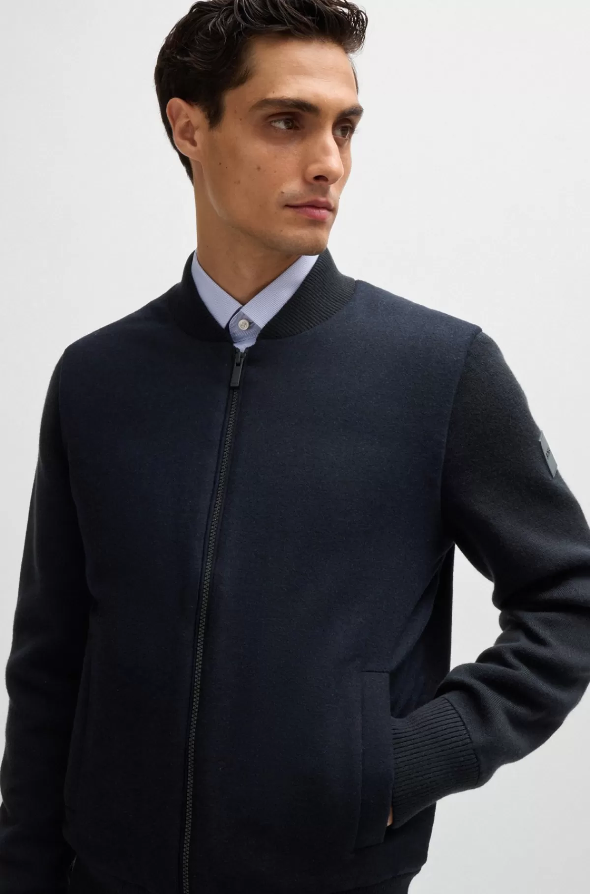 HUGO BOSS Regular Fit Jakke Med Lynlås Og Vatteret Panel Foran Mørkeblå Sale
