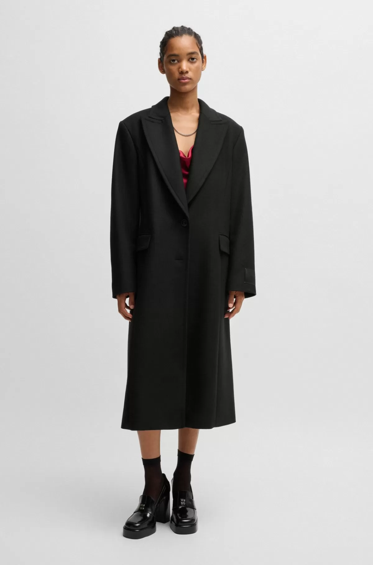 HUGO BOSS Regular Fit Lang Frakke Med Spids Revers Sort Discount
