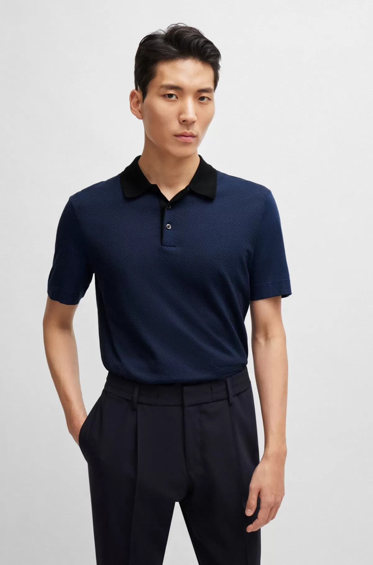 HUGO BOSS Regular Fit Poloshirt I Bomuld Og Silke Mørkeblå Hot