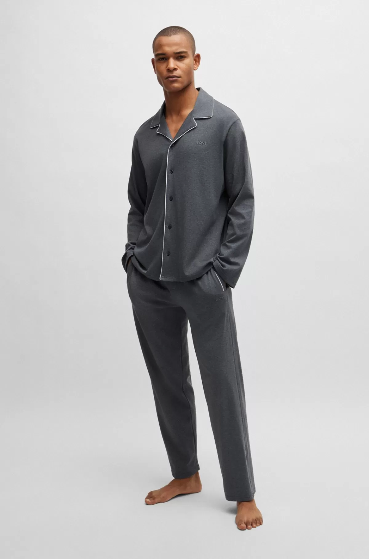 HUGO BOSS Regular Fit Pyjamas I Meleret Bomuld Med Broderet Branding Grå Clearance