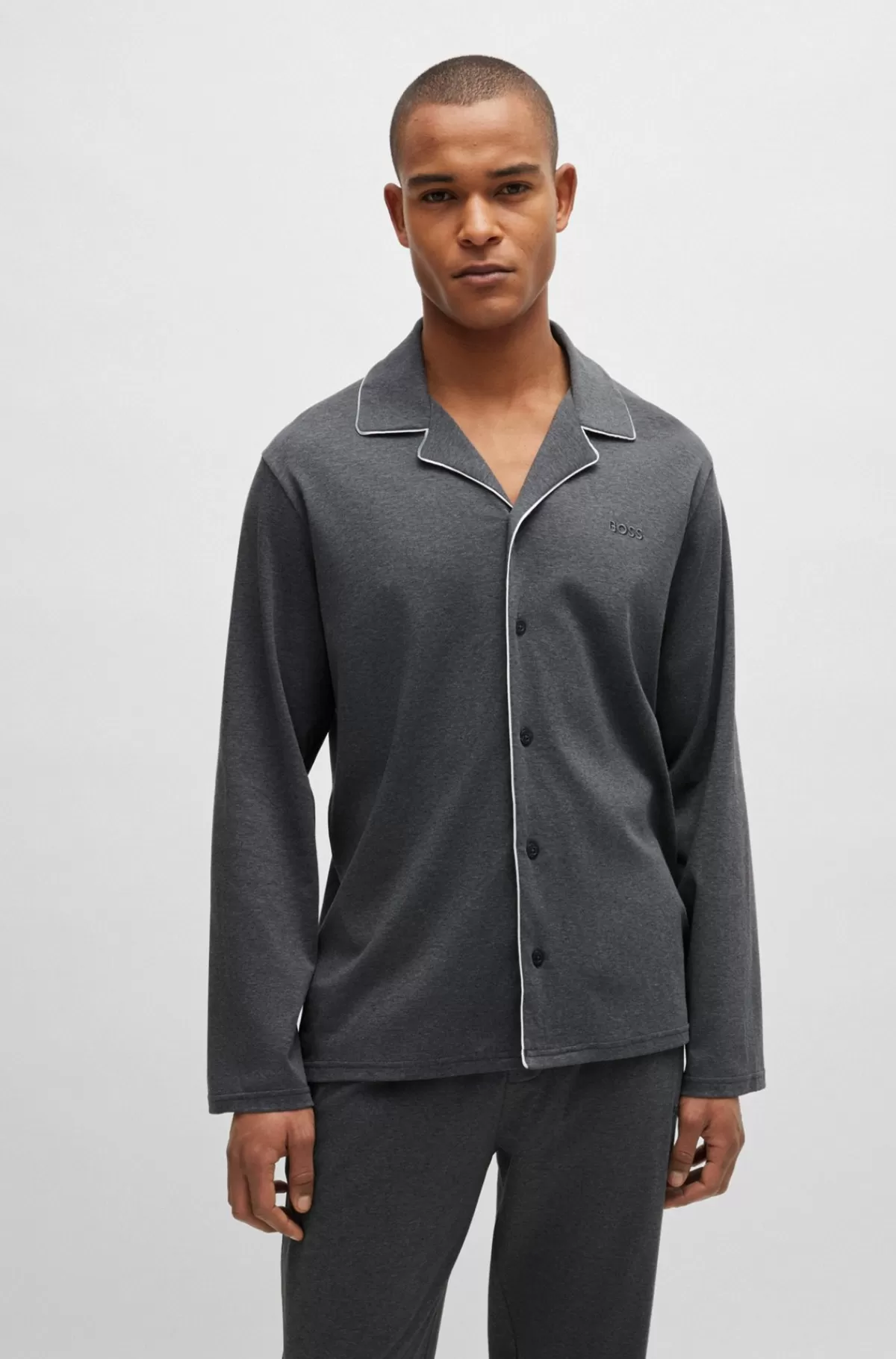 HUGO BOSS Regular Fit Pyjamas I Meleret Bomuld Med Broderet Branding Grå Clearance