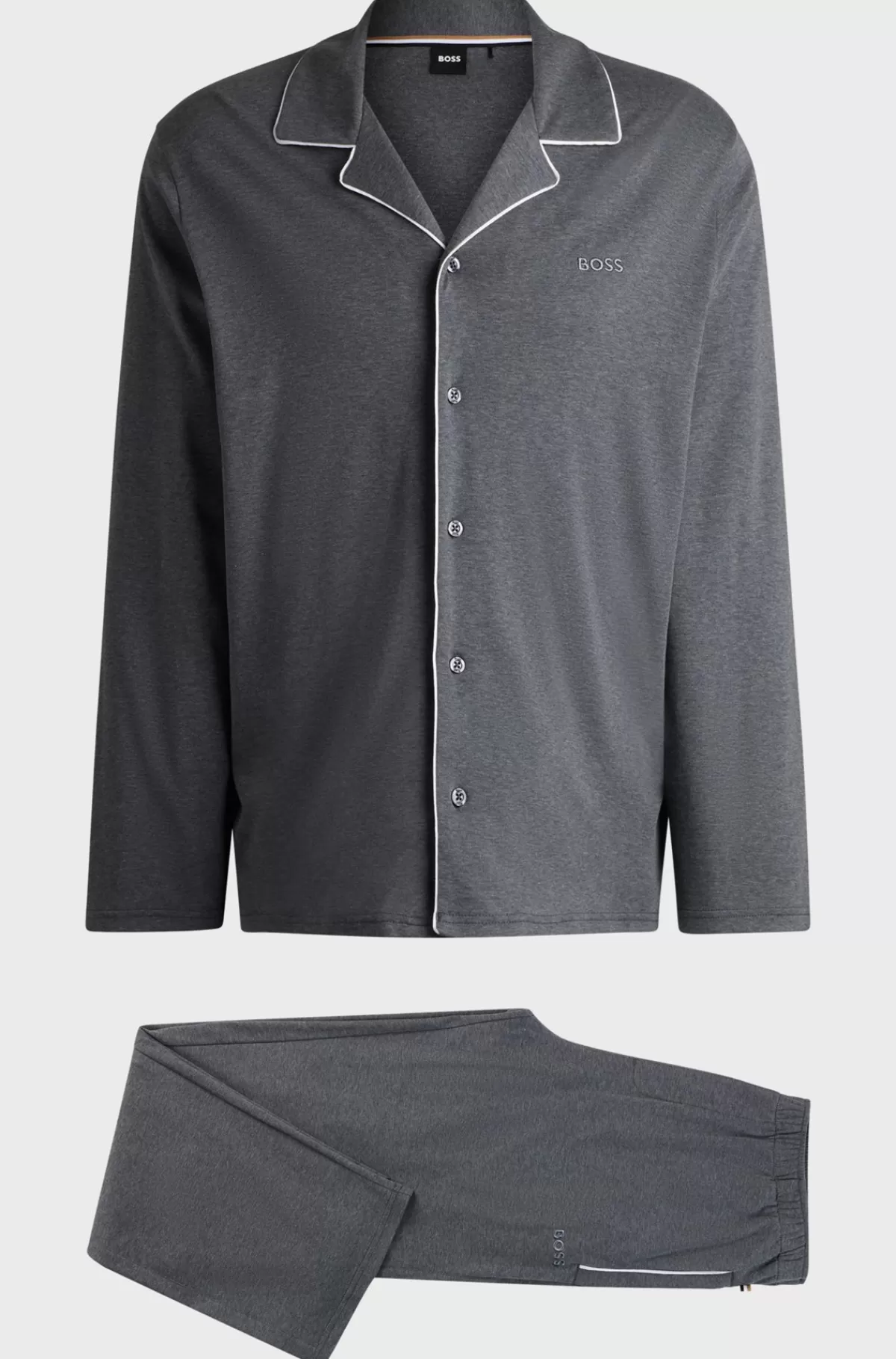HUGO BOSS Regular Fit Pyjamas I Meleret Bomuld Med Broderet Branding Grå Clearance
