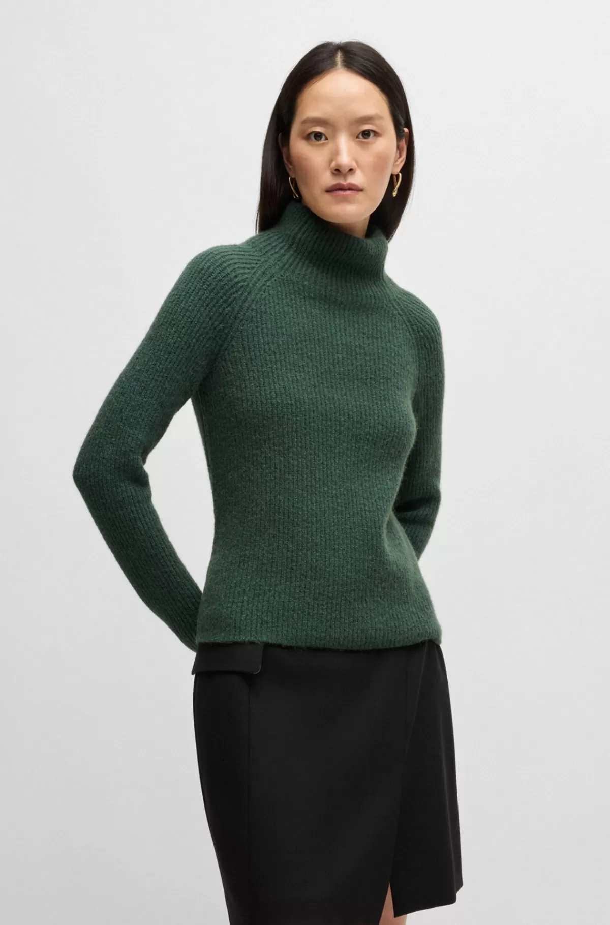 HUGO BOSS Regular Fit Ribstrikket Sweater Med Skorstenskrave Mørkegrøn Clearance