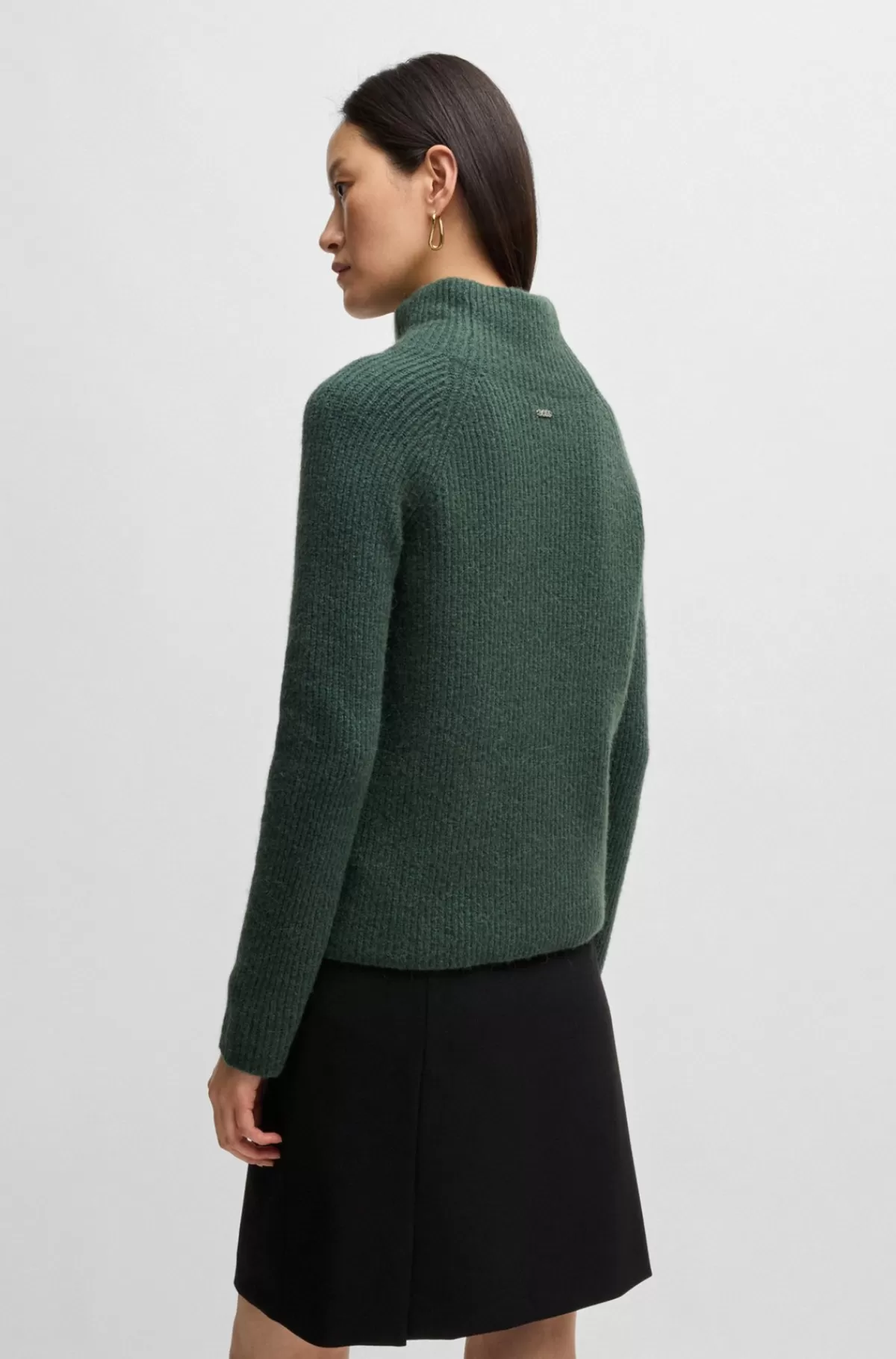 HUGO BOSS Regular Fit Ribstrikket Sweater Med Skorstenskrave Mørkegrøn Clearance