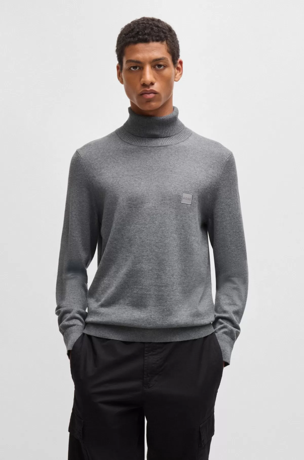 HUGO BOSS Regular Fit Rullekravesweater I Bomuld Og Kashmir Lysegrå Outlet