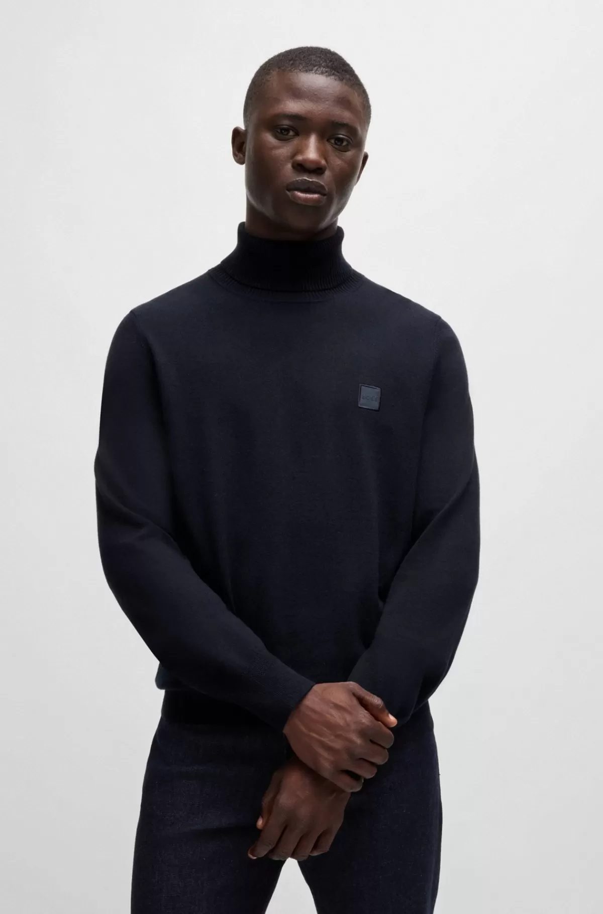 HUGO BOSS Regular Fit Rullekravesweater I Bomuld Og Kashmir Mørkeblå Outlet