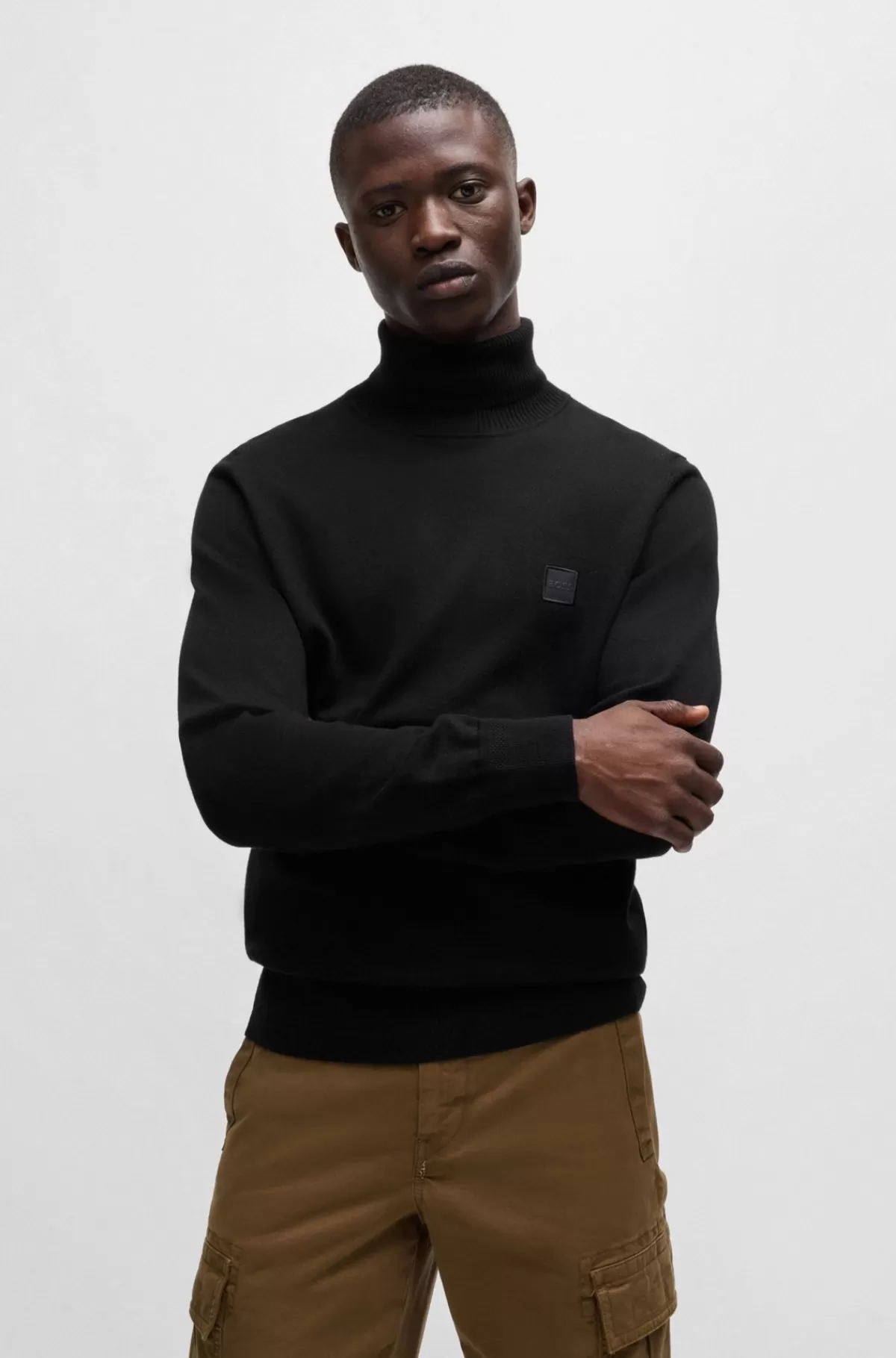 HUGO BOSS Regular Fit Rullekravesweater I Bomuld Og Kashmir Sort Flash Sale