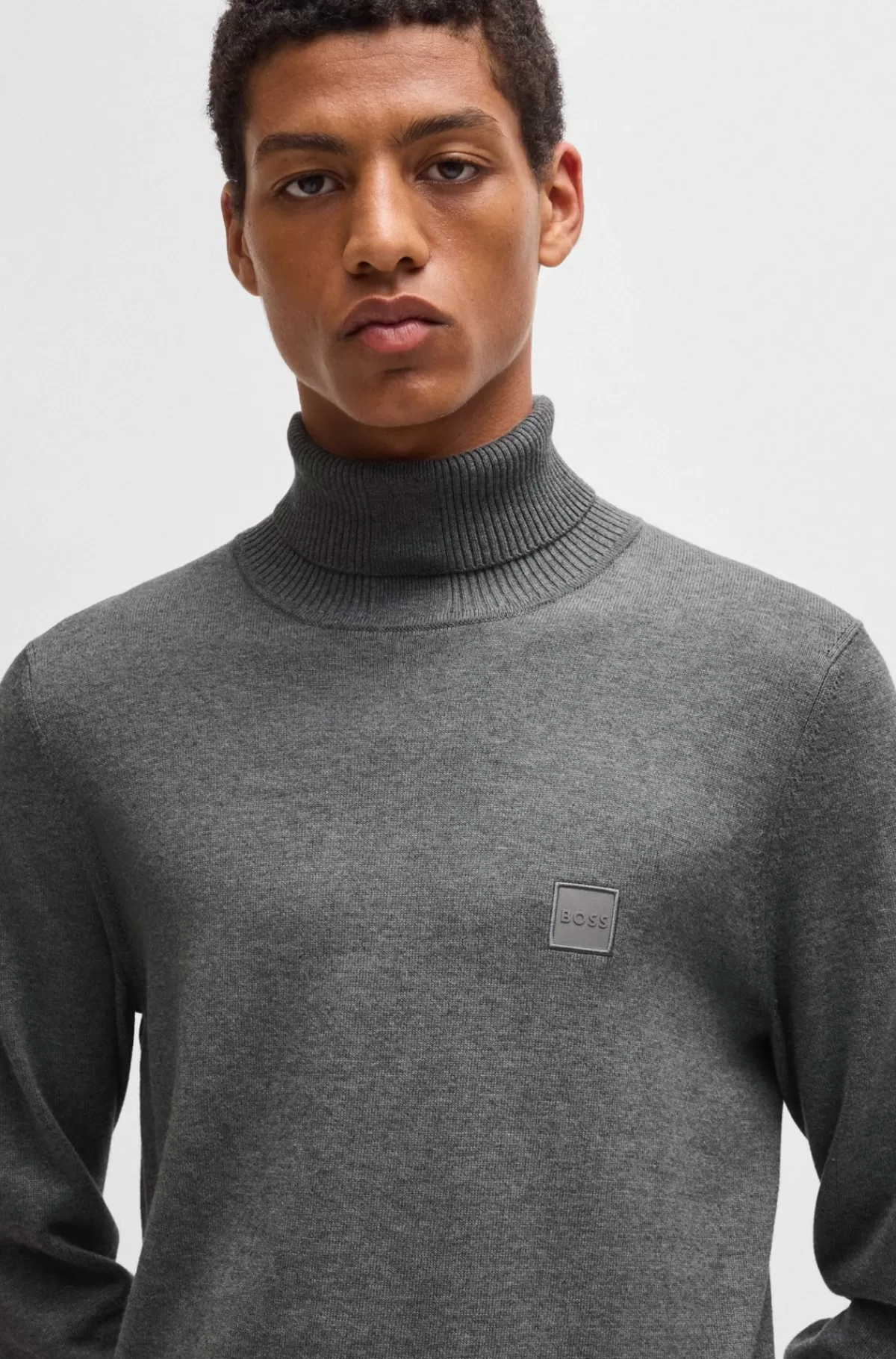 HUGO BOSS Regular Fit Rullekravesweater I Bomuld Og Kashmir Lysegrå Outlet