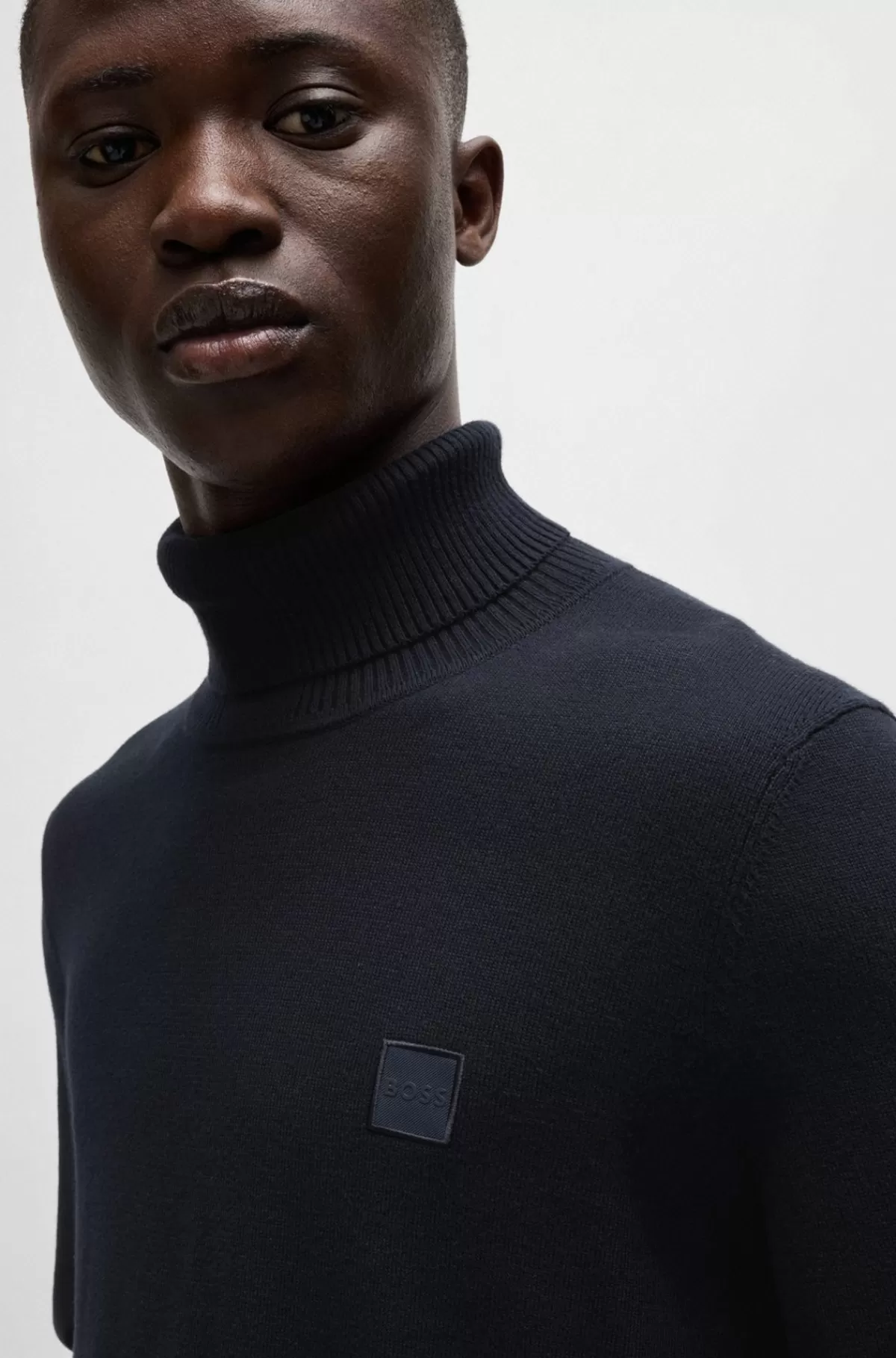 HUGO BOSS Regular Fit Rullekravesweater I Bomuld Og Kashmir Mørkeblå Outlet