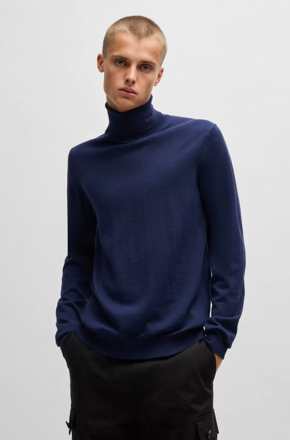 HUGO BOSS Regular Fit Rullekravesweater I Ny Uld Mørkeblå Sale